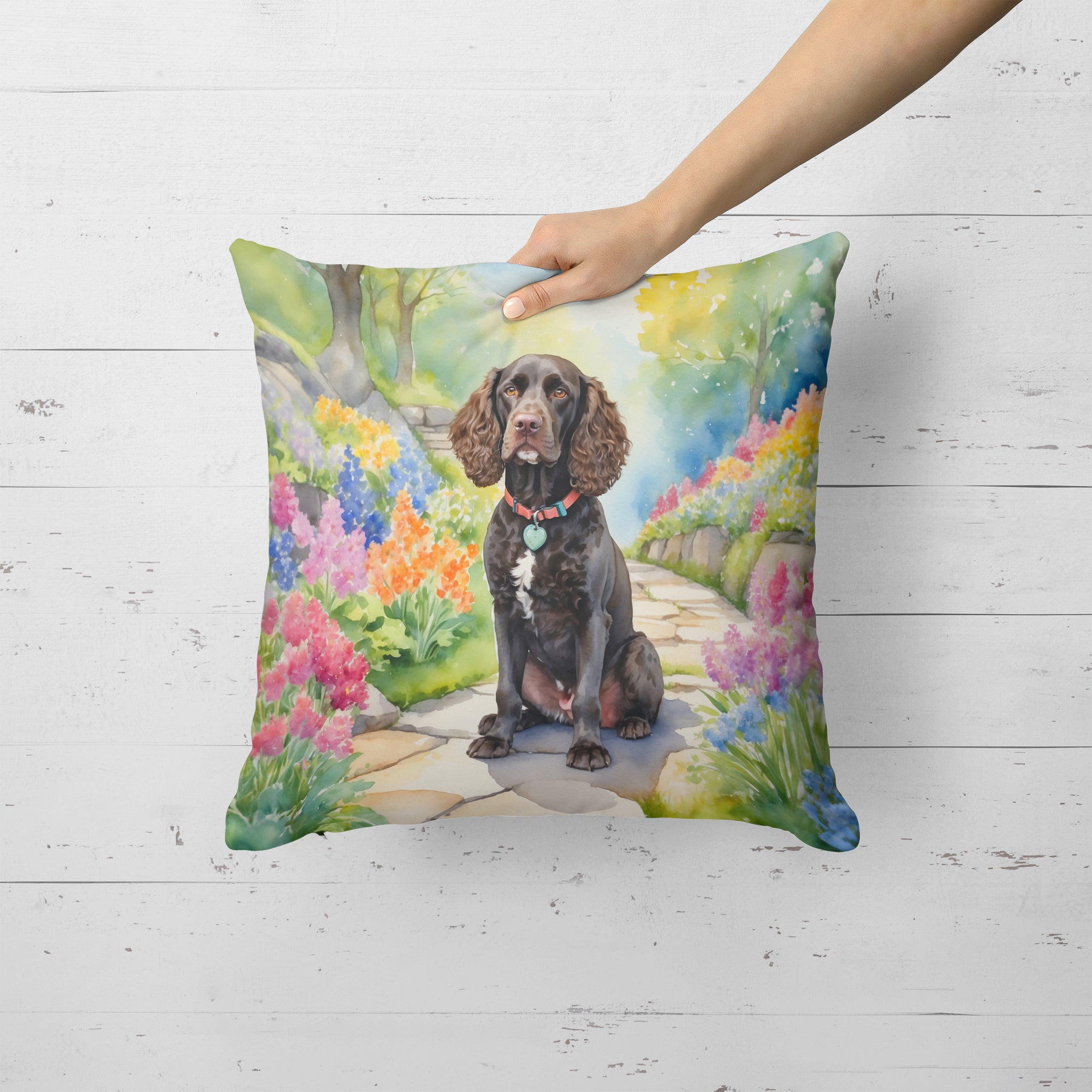 Buy this American Water Spaniel Spring Garden Throw Pillow