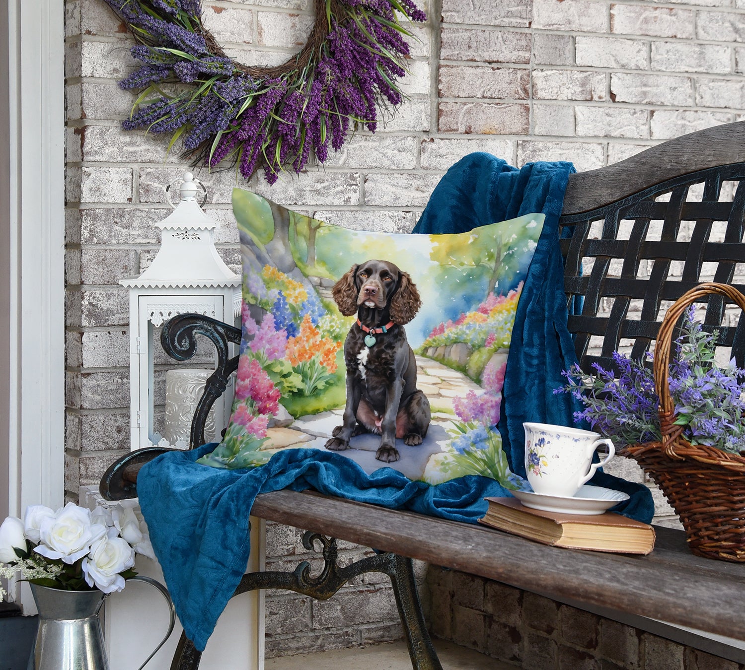 American Water Spaniel Spring Garden Throw Pillow