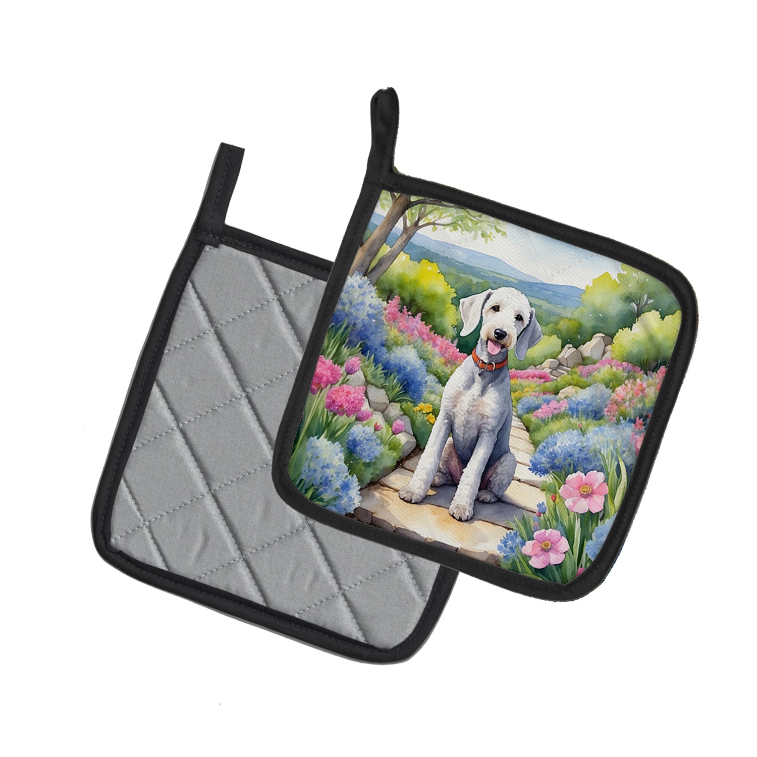 Bedlington Terrier Spring Garden Pair of Pot Holders