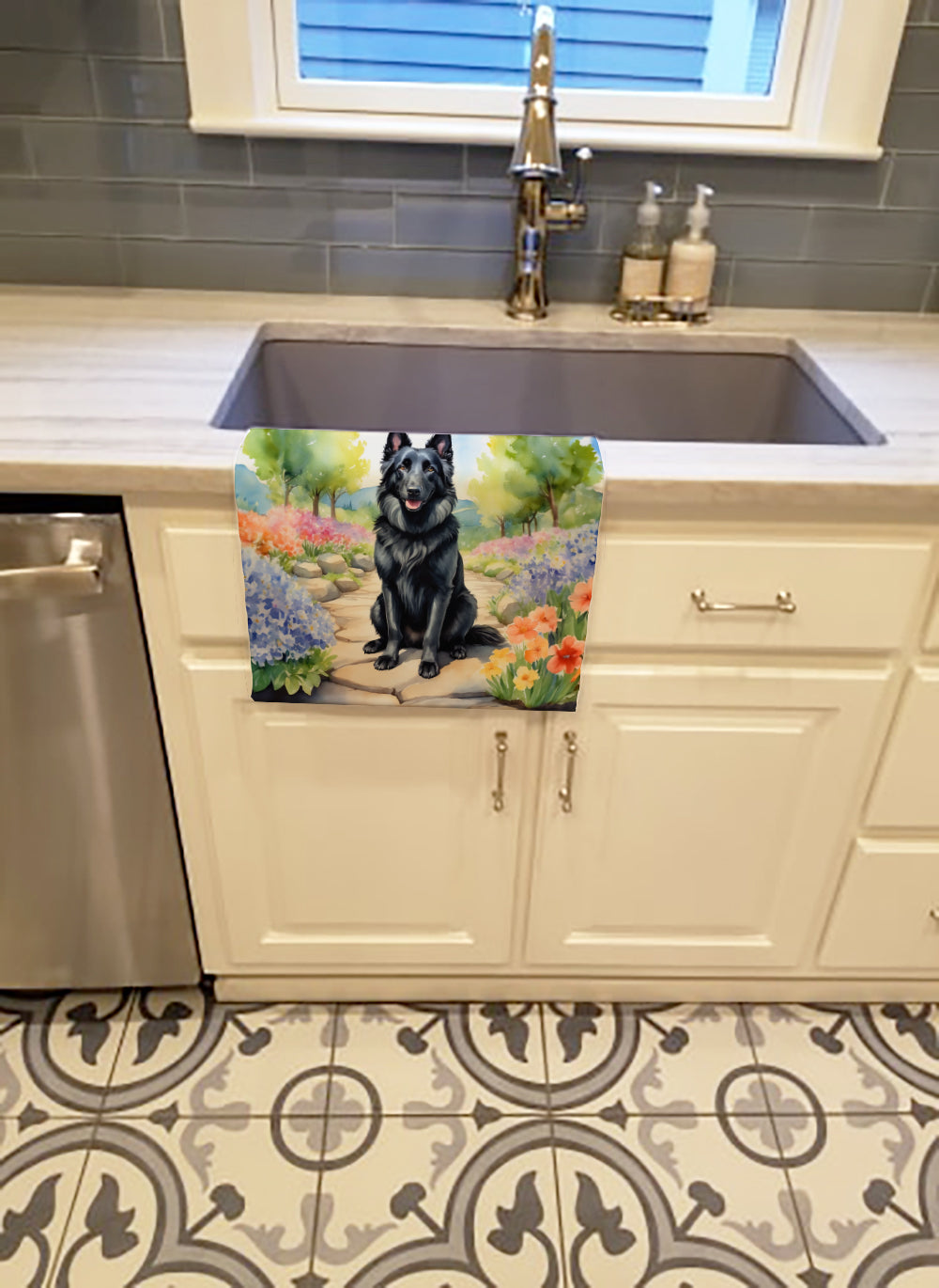 Belgian Sheepdog Spring Path Kitchen Towel