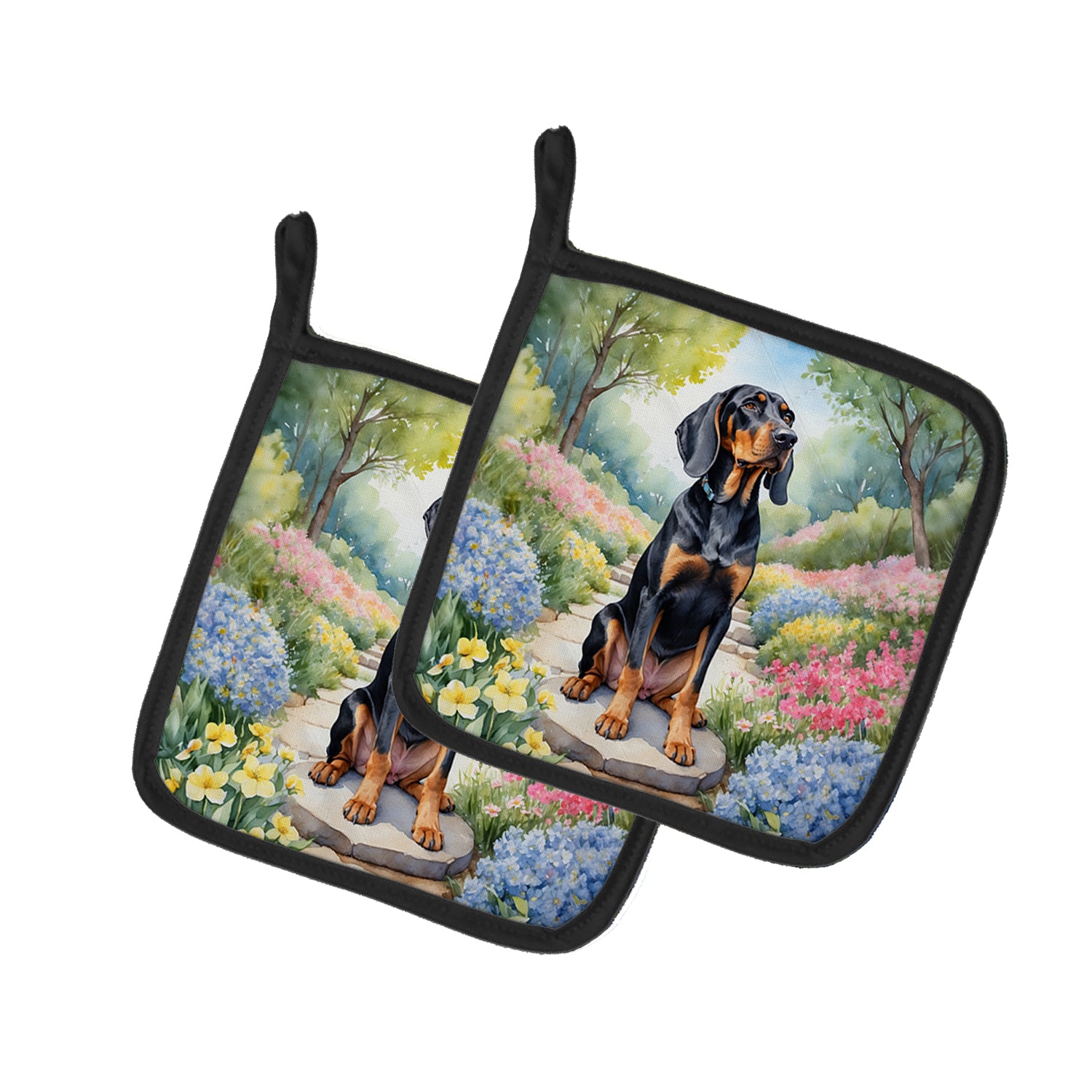 Buy this Black and Tan Coonhound Spring Path Pair of Pot Holders