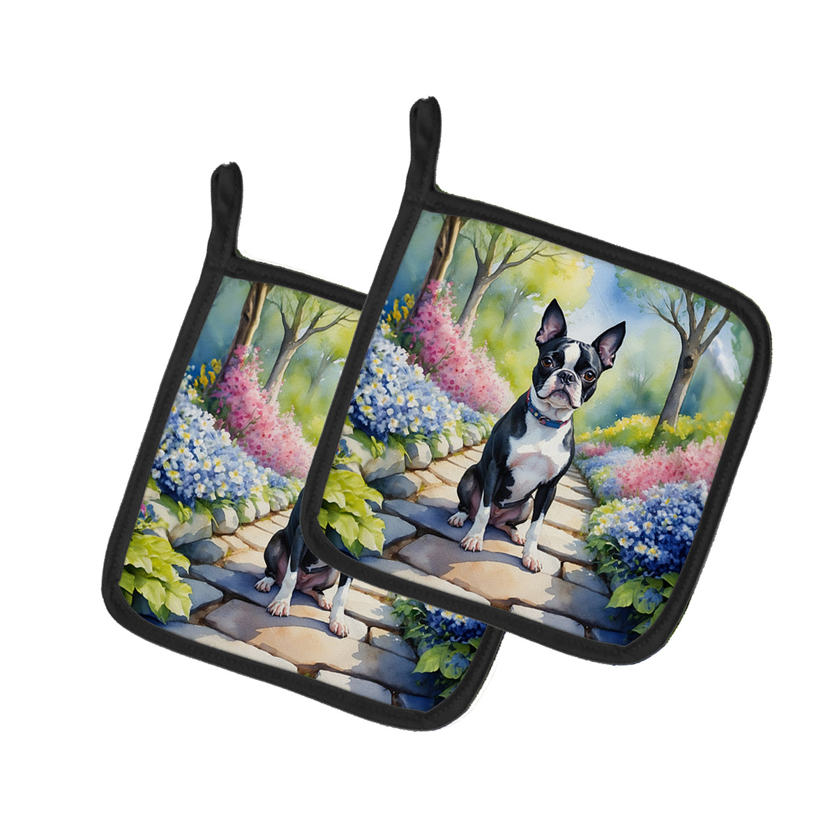 Buy this Boston Terrier Spring Path Pair of Pot Holders