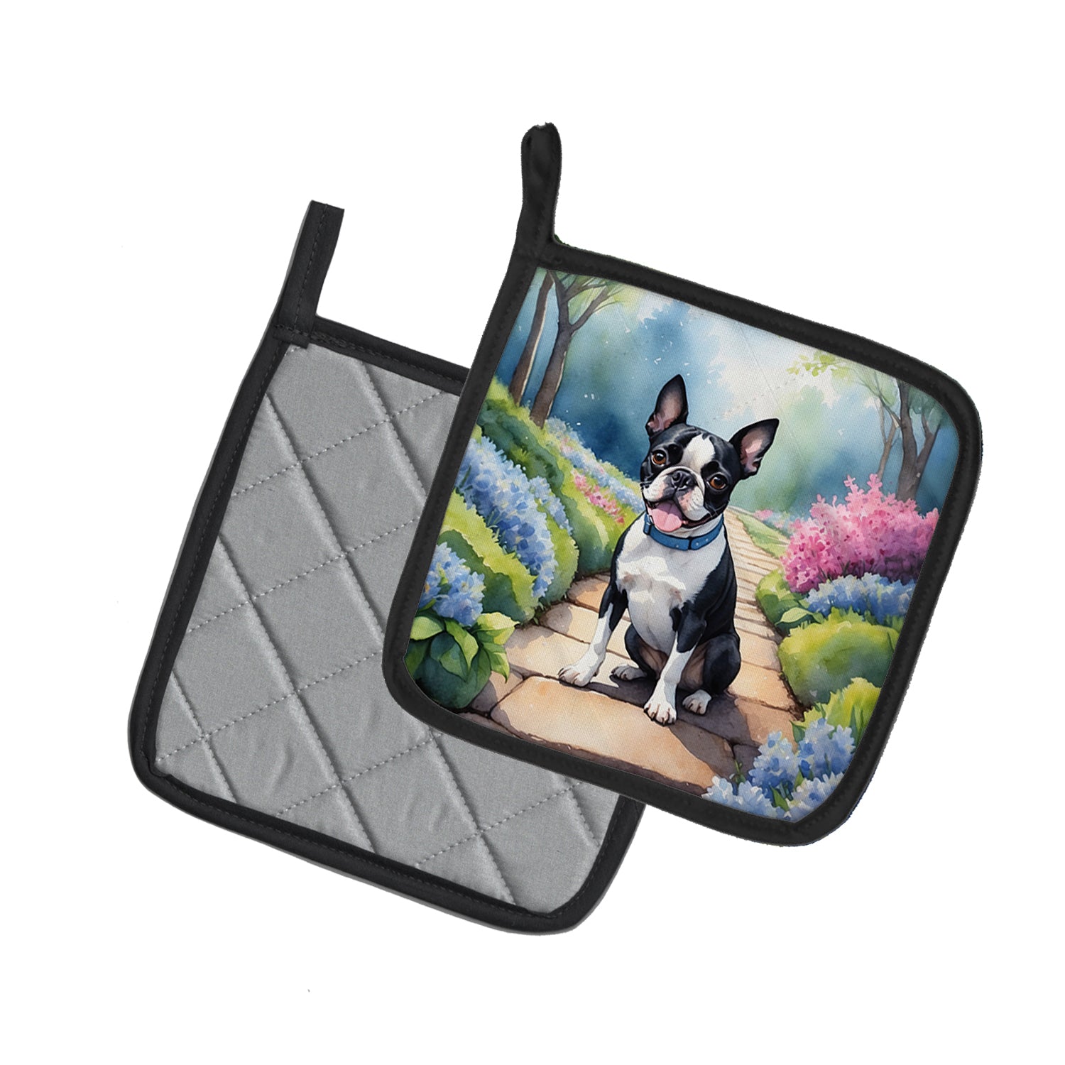 Boston Terrier Spring Path Pair of Pot Holders