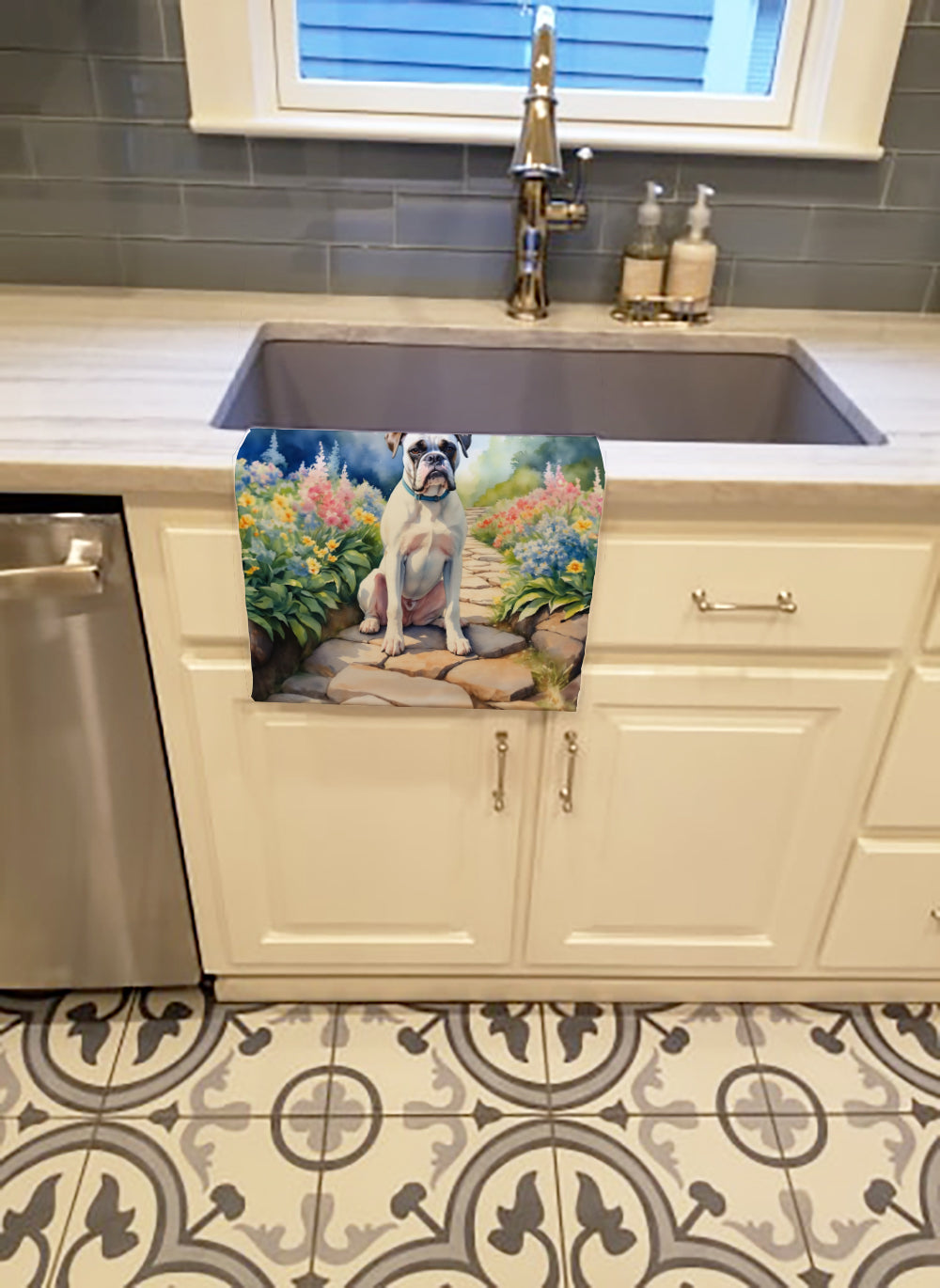 White Boxer Spring Path Kitchen Towel