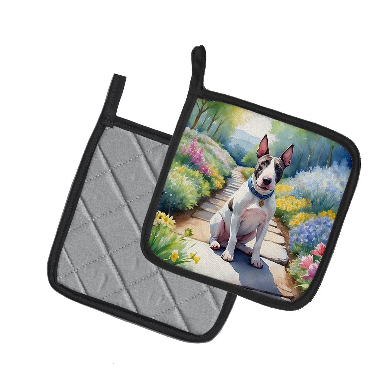 Buy this Bull Terrier Spring Path Pair of Pot Holders