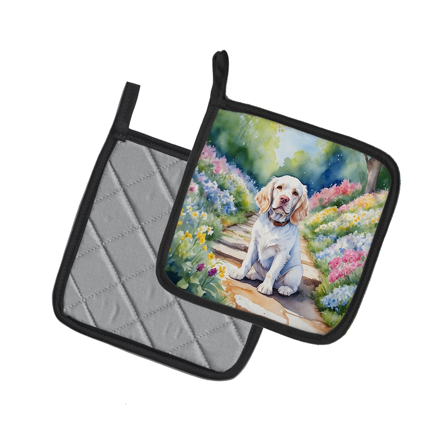 Clumber Spaniel Spring Path Pair of Pot Holders