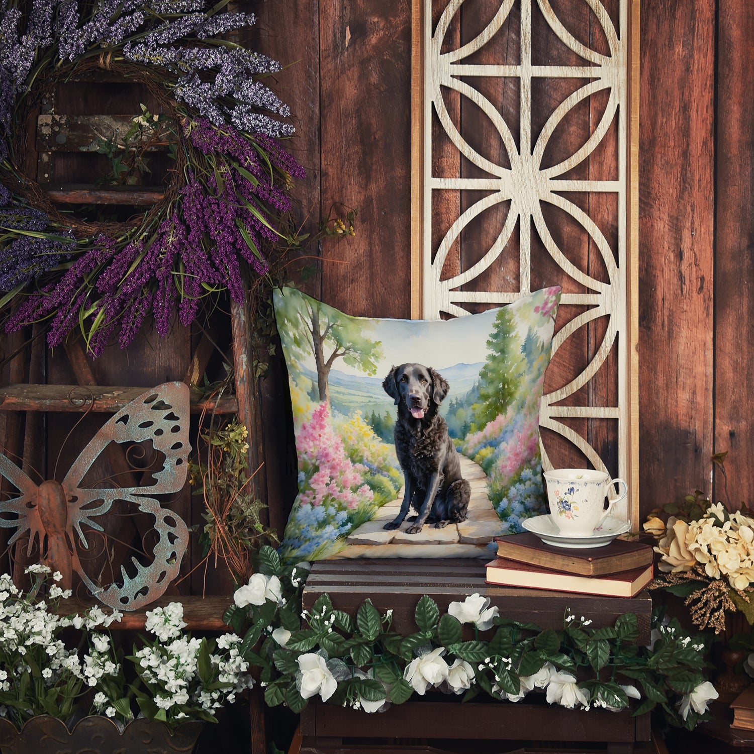 Curly-Coated Retriever Spring Path Throw Pillow