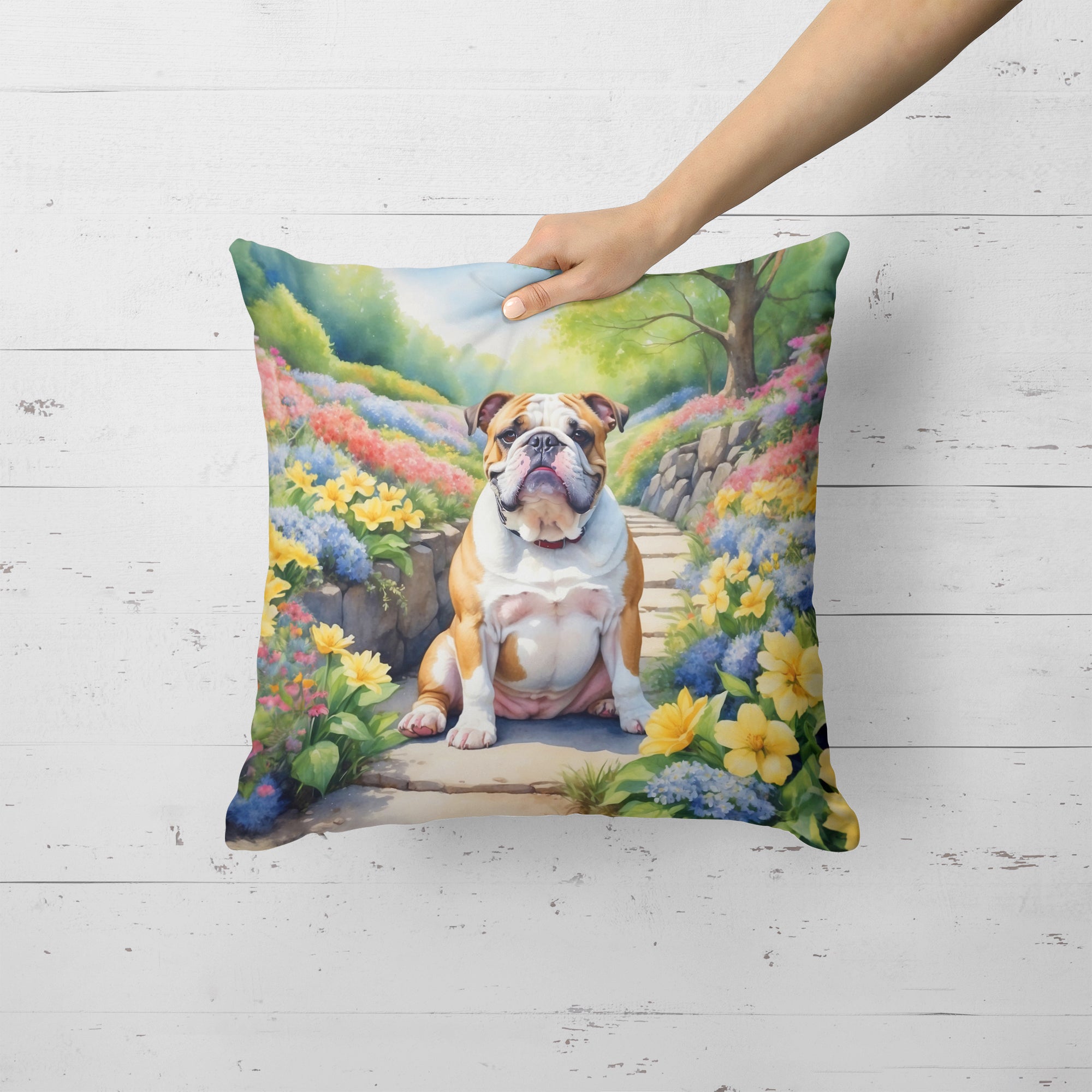 Buy this English Bulldog Spring Path Throw Pillow