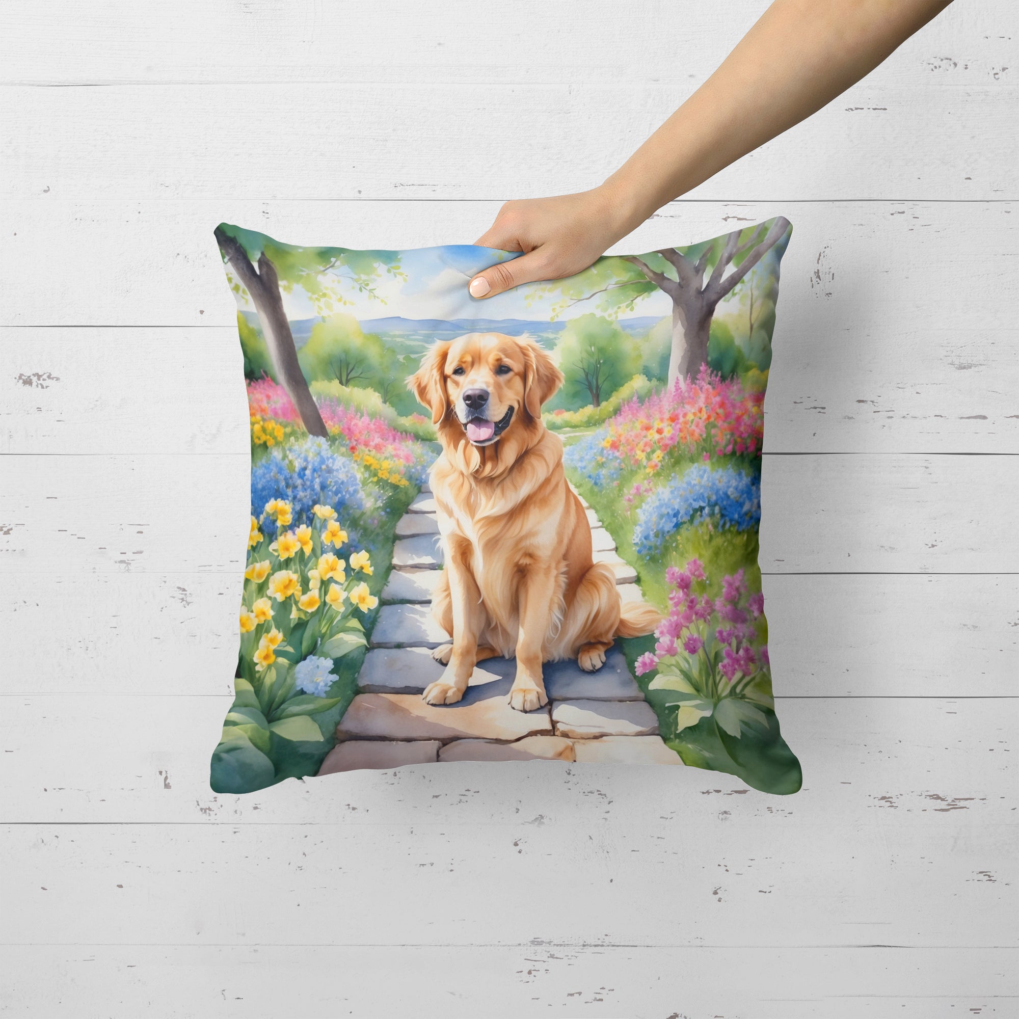 Buy this Golden Retriever Spring Path Throw Pillow