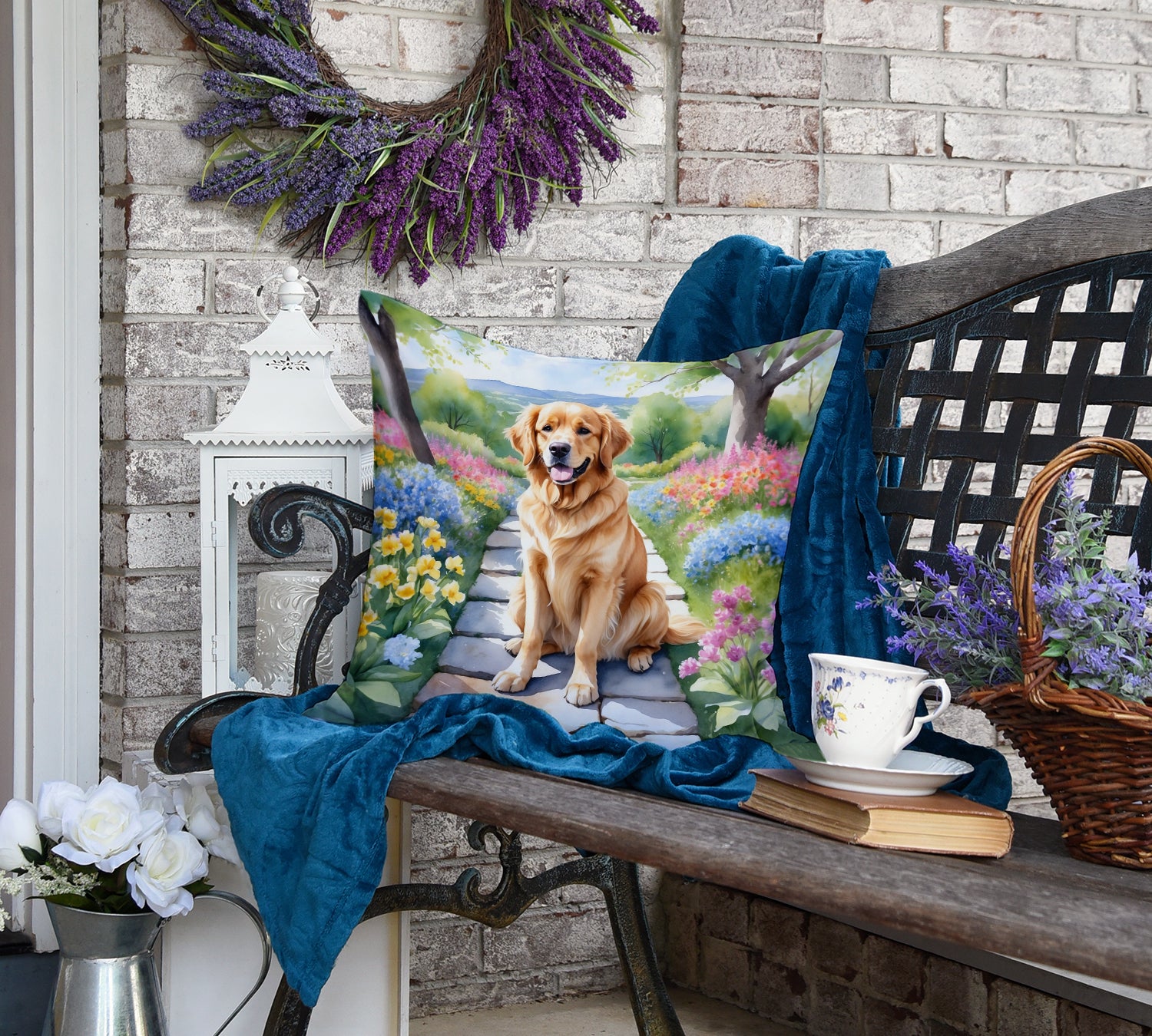 Golden Retriever Spring Path Throw Pillow