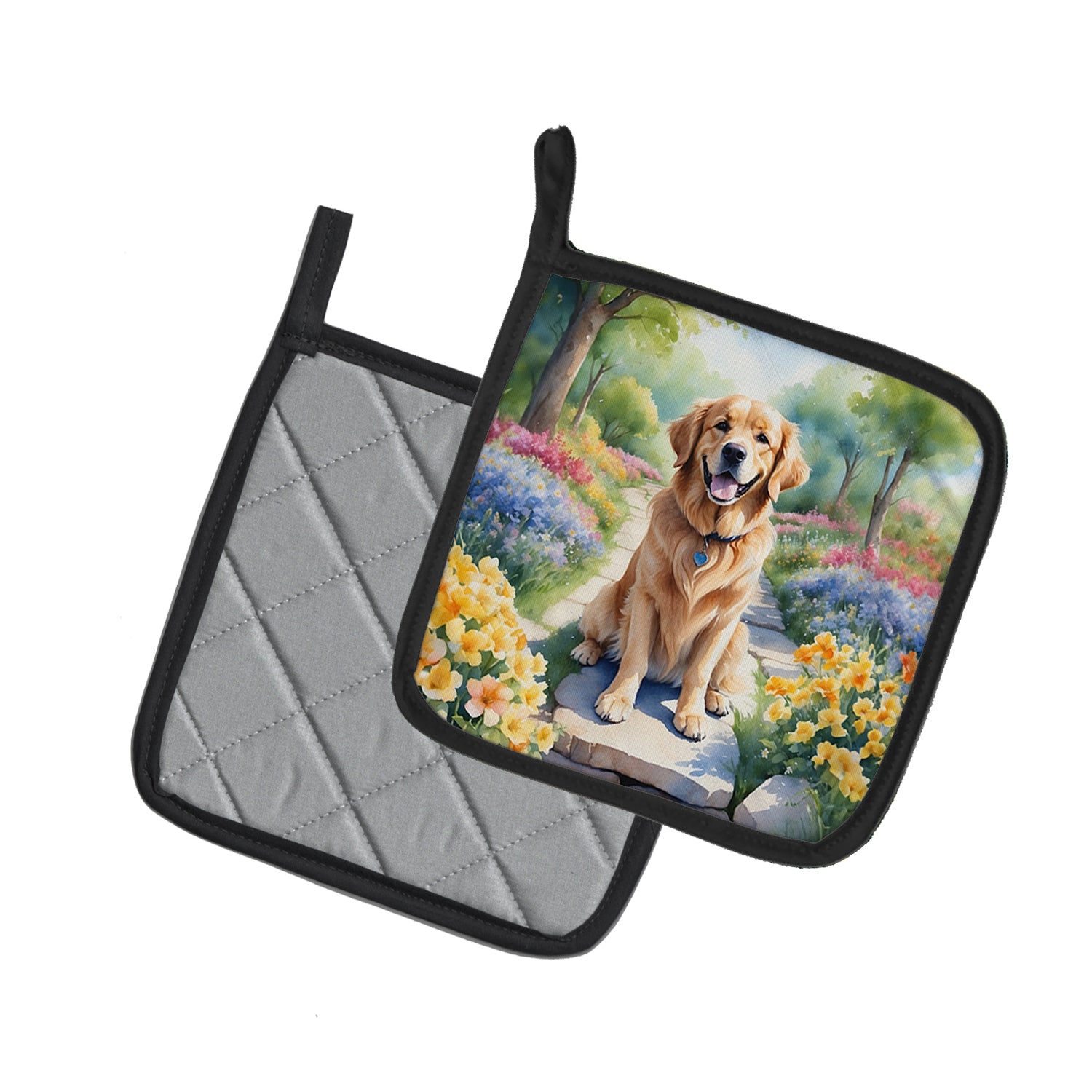 Golden Retriever Spring Path Pair of Pot Holders