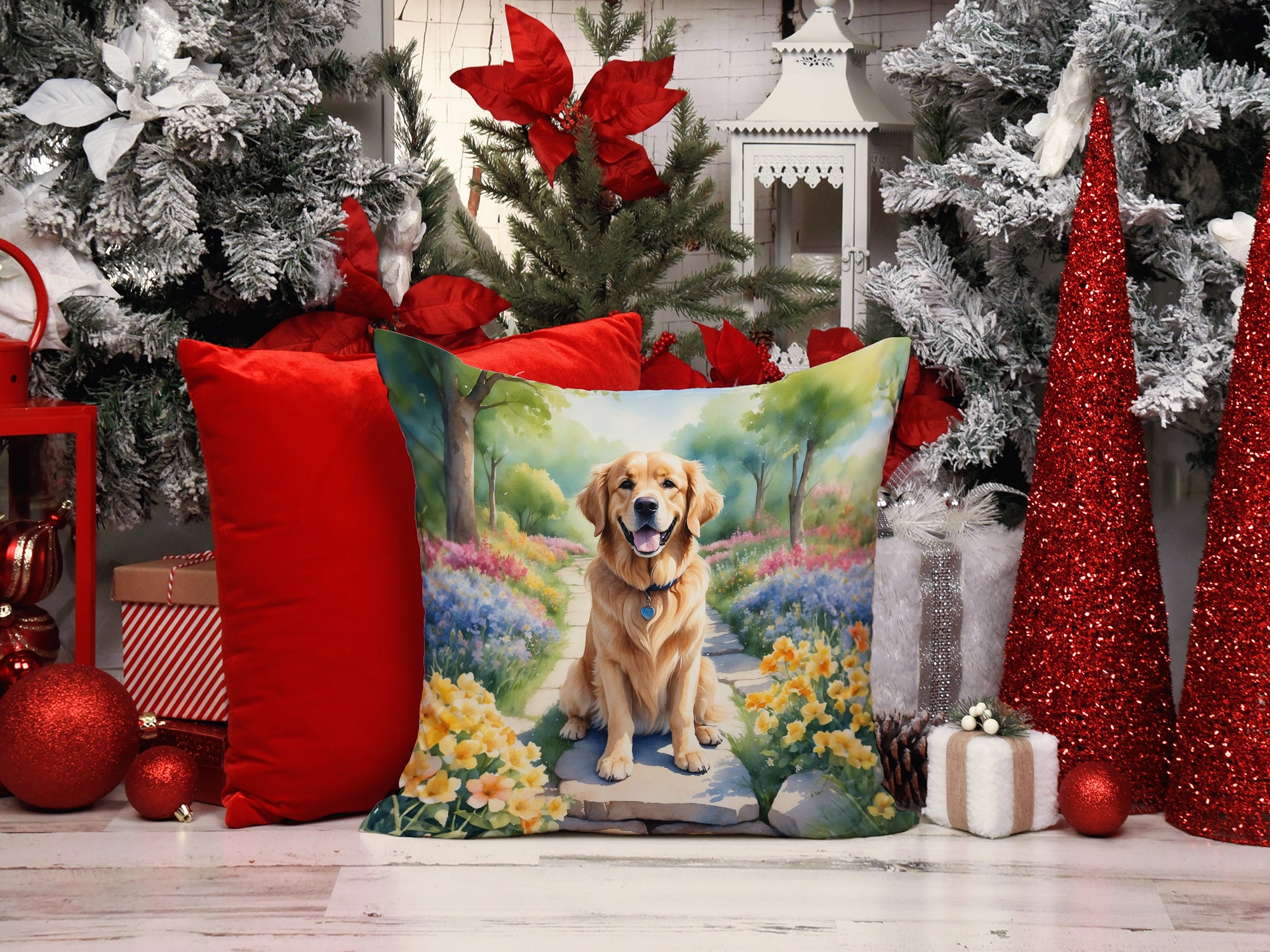 Golden Retriever Spring Path Throw Pillow