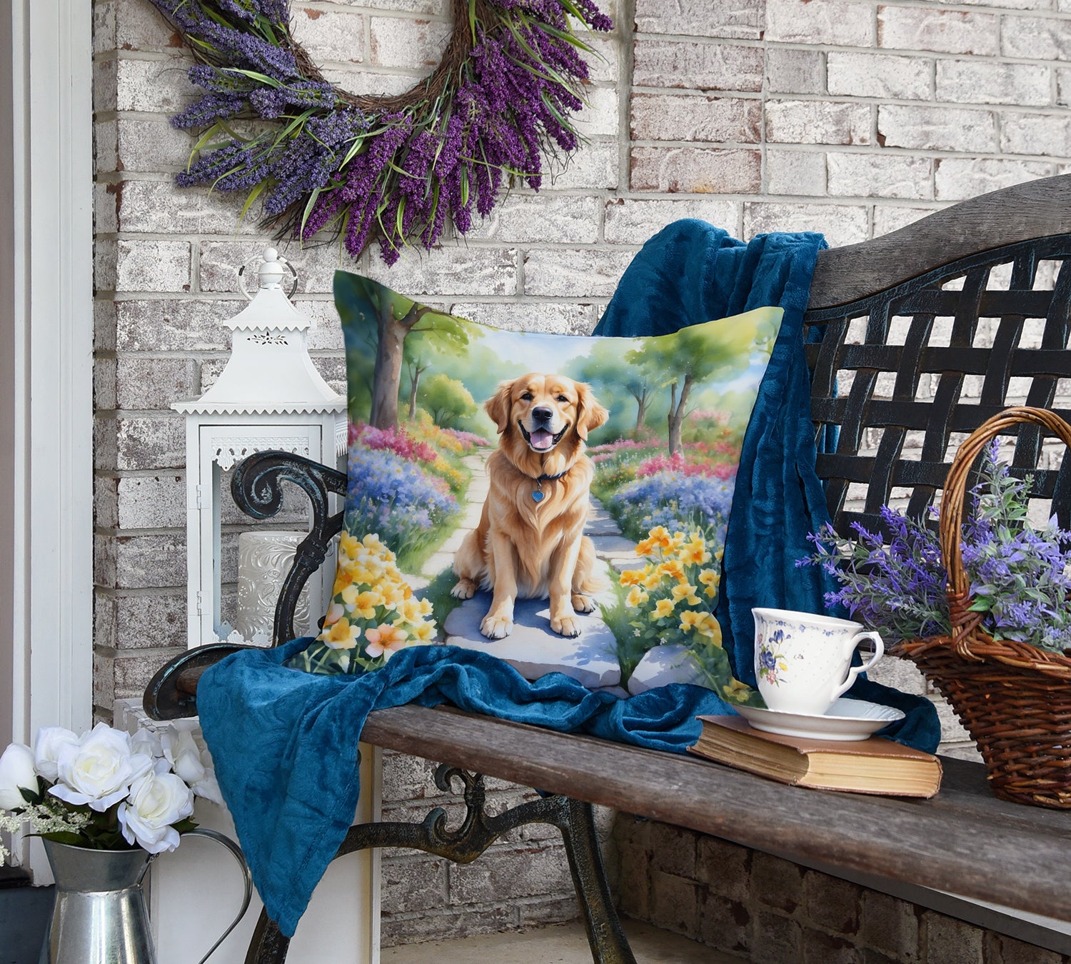 Golden Retriever Spring Path Throw Pillow