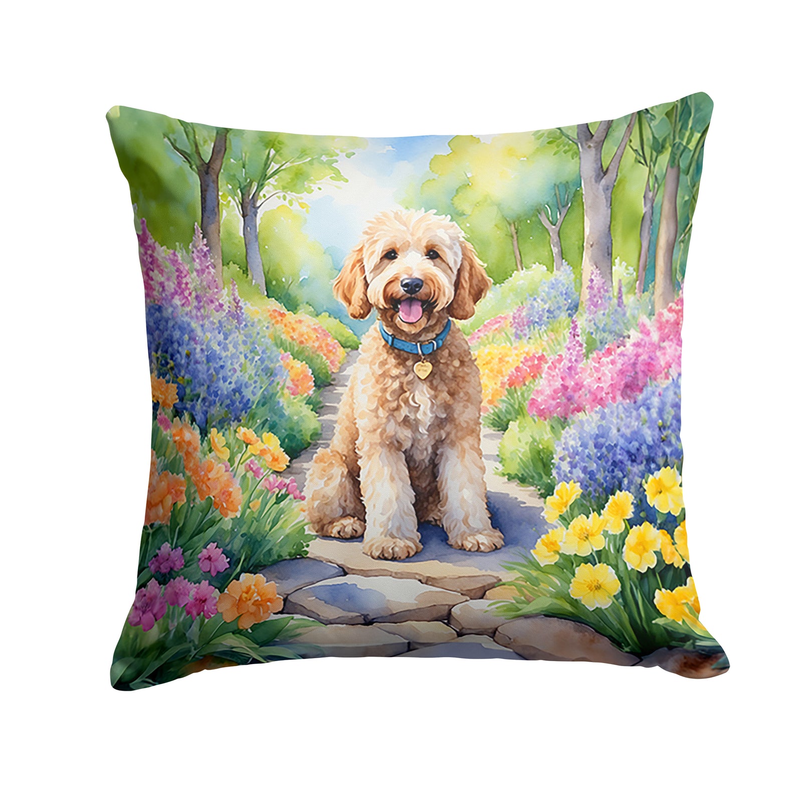 Buy this Goldendoodle Spring Path Throw Pillow