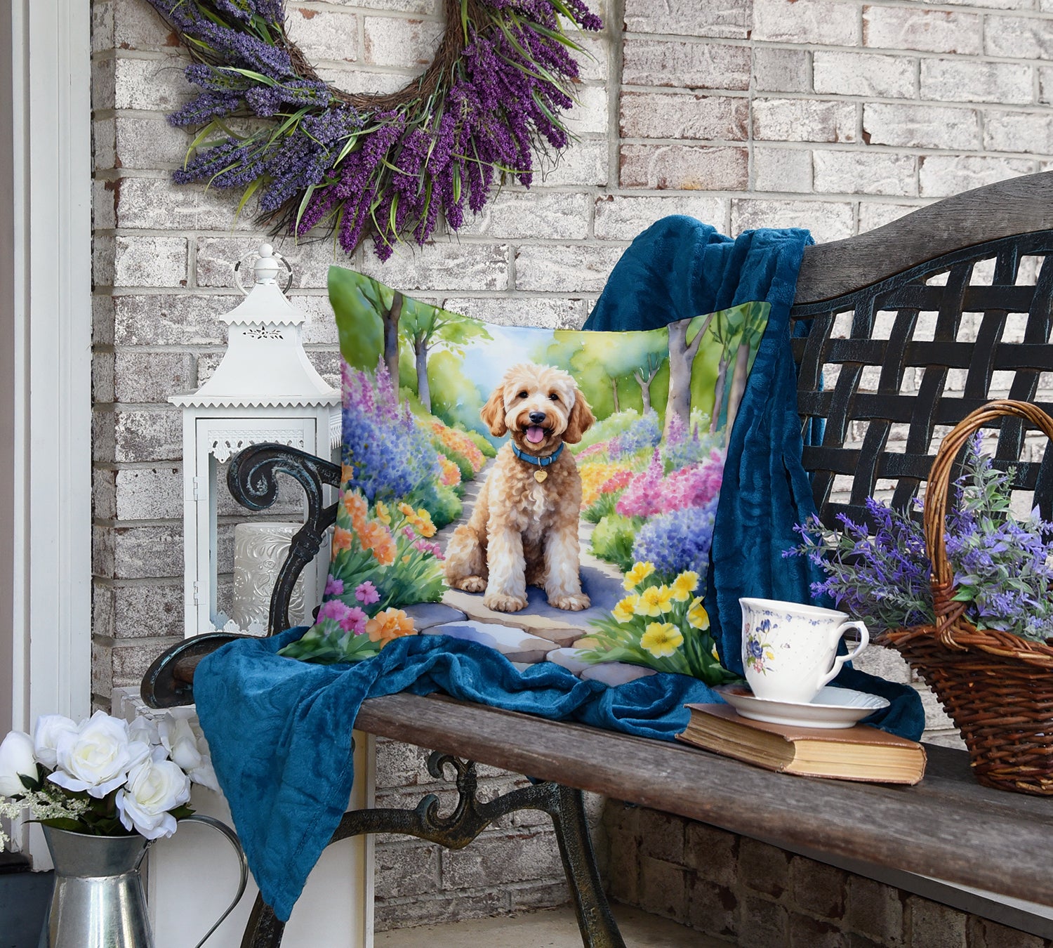 Goldendoodle Spring Path Throw Pillow