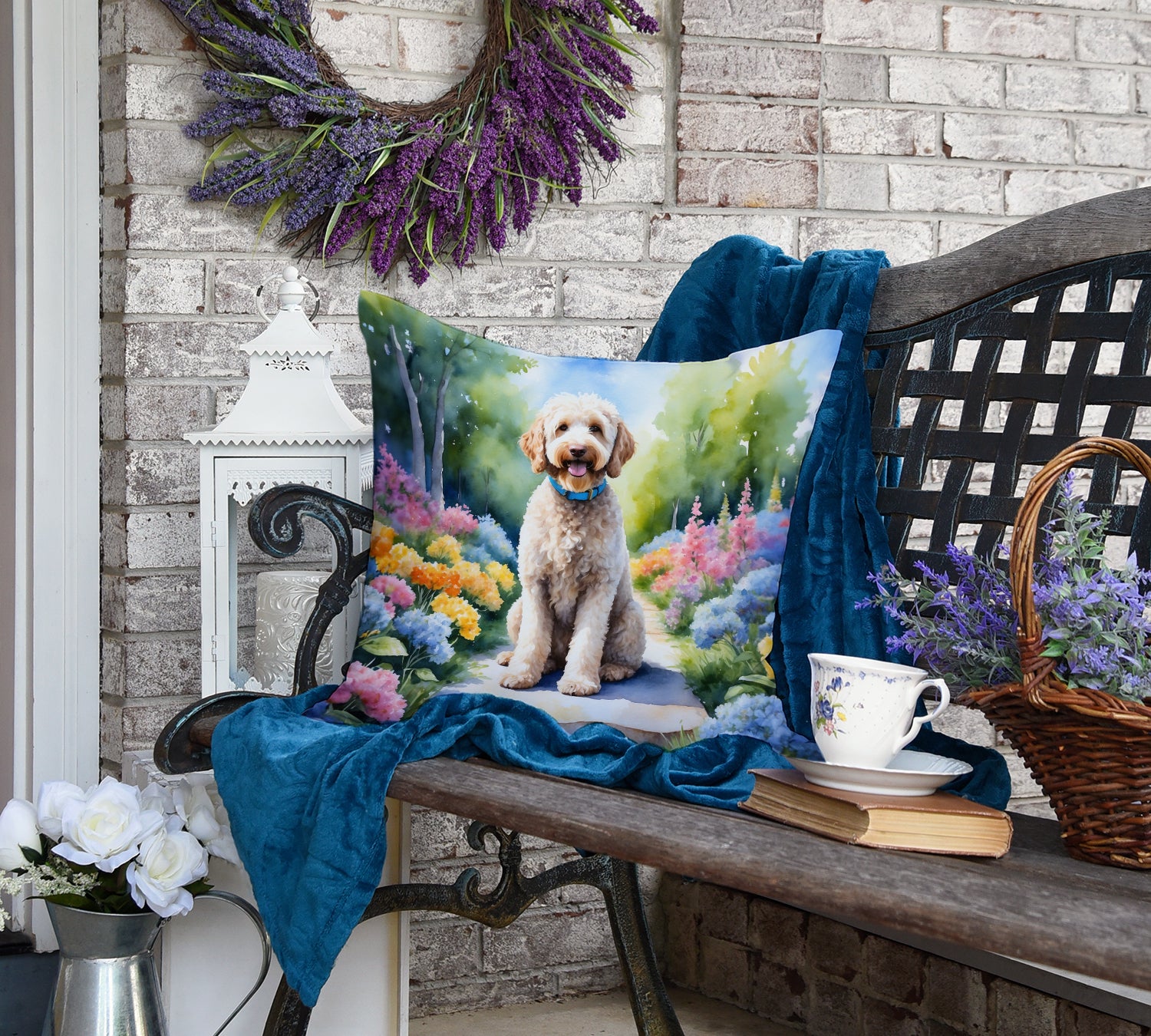 Labradoodle Spring Path Throw Pillow