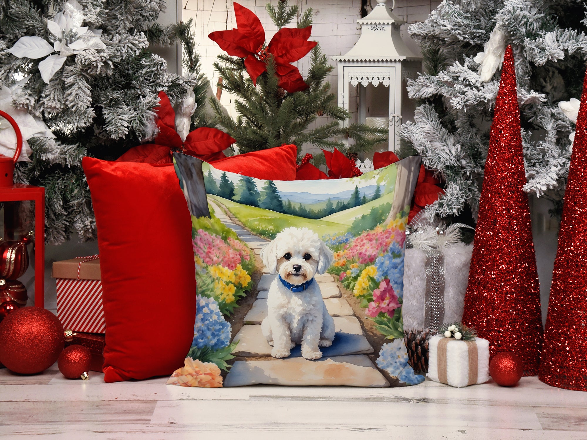 Maltipoo Spring Path Throw Pillow