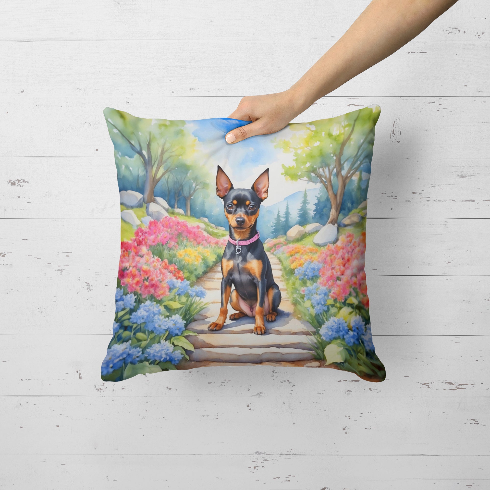 Miniature Pinscher Spring Path Throw Pillow