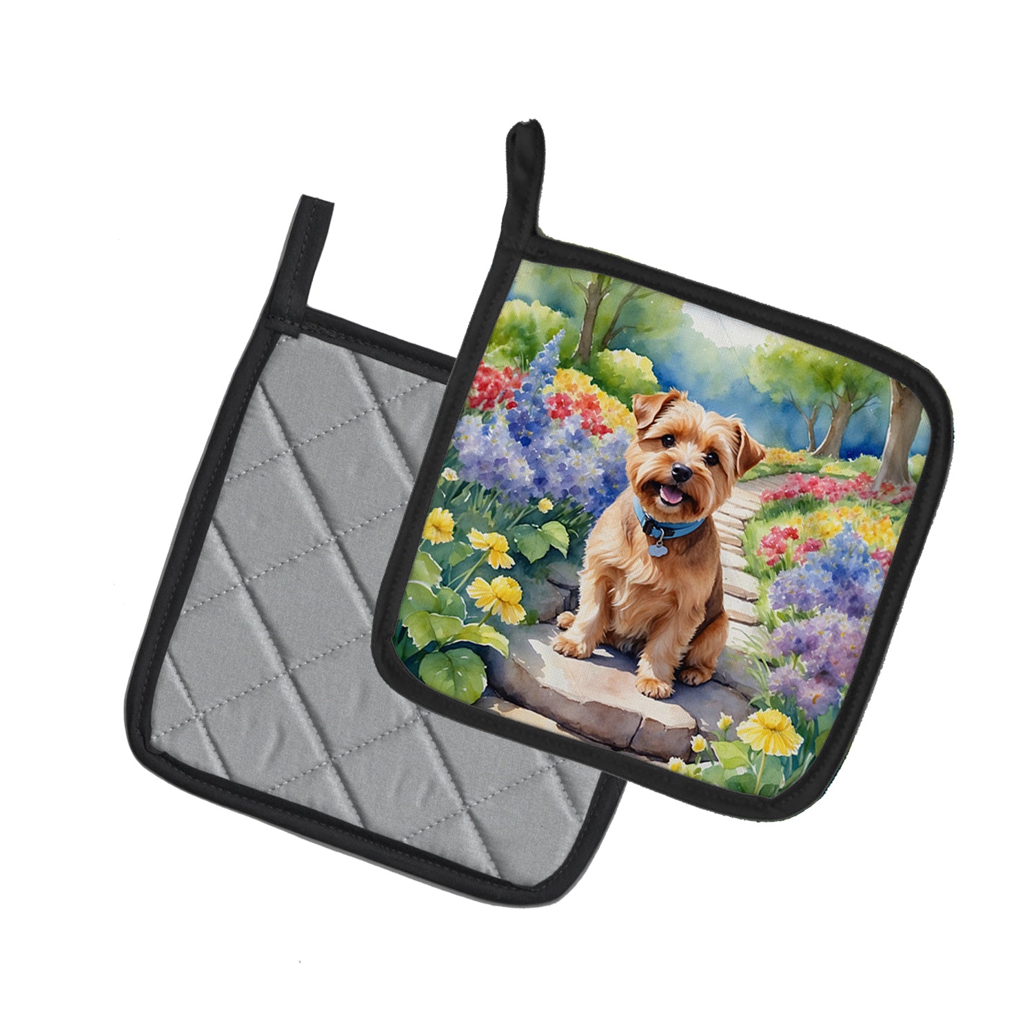 Norfolk Terrier Spring Path Pair of Pot Holders