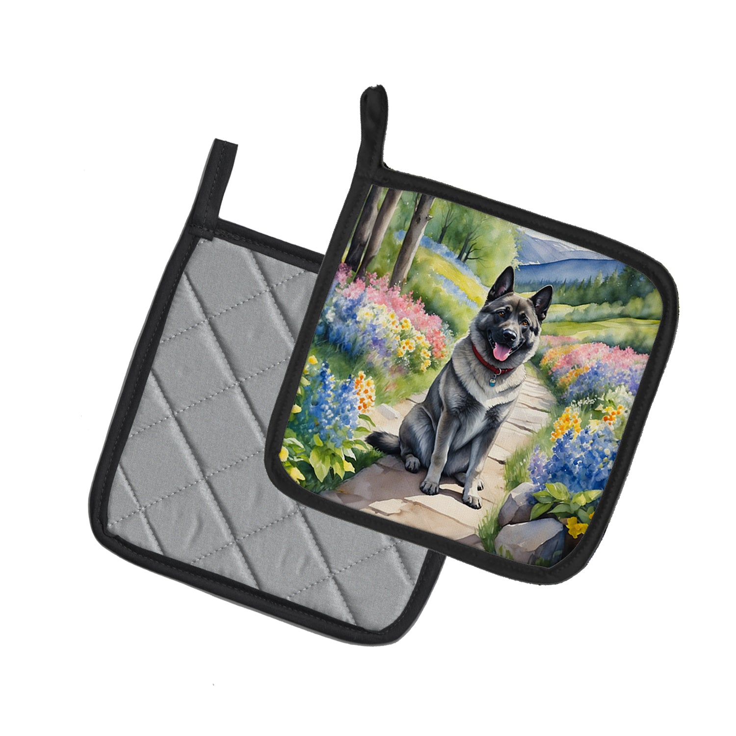 Norwegian Elkhound Spring Path Pair of Pot Holders