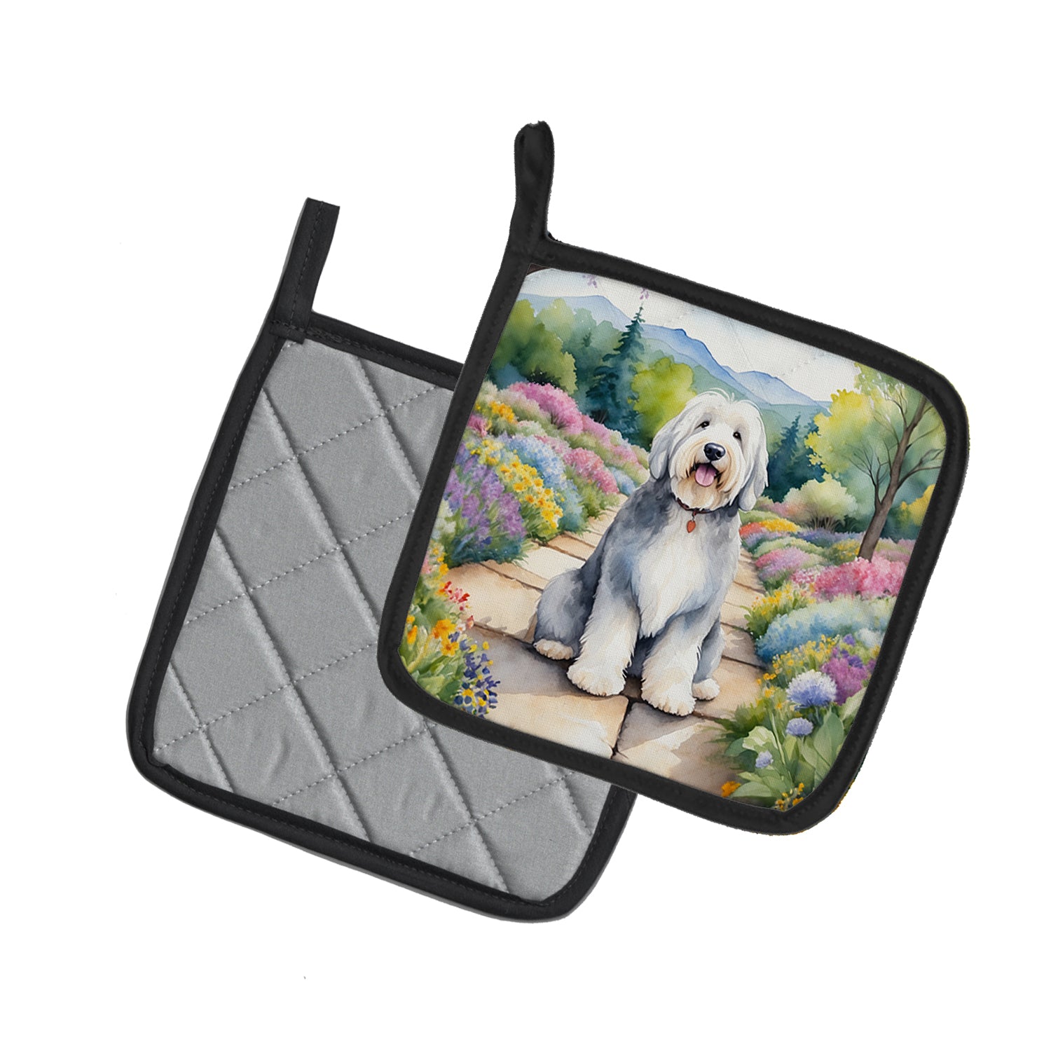 Old English Sheepdog Spring Path Pair of Pot Holders