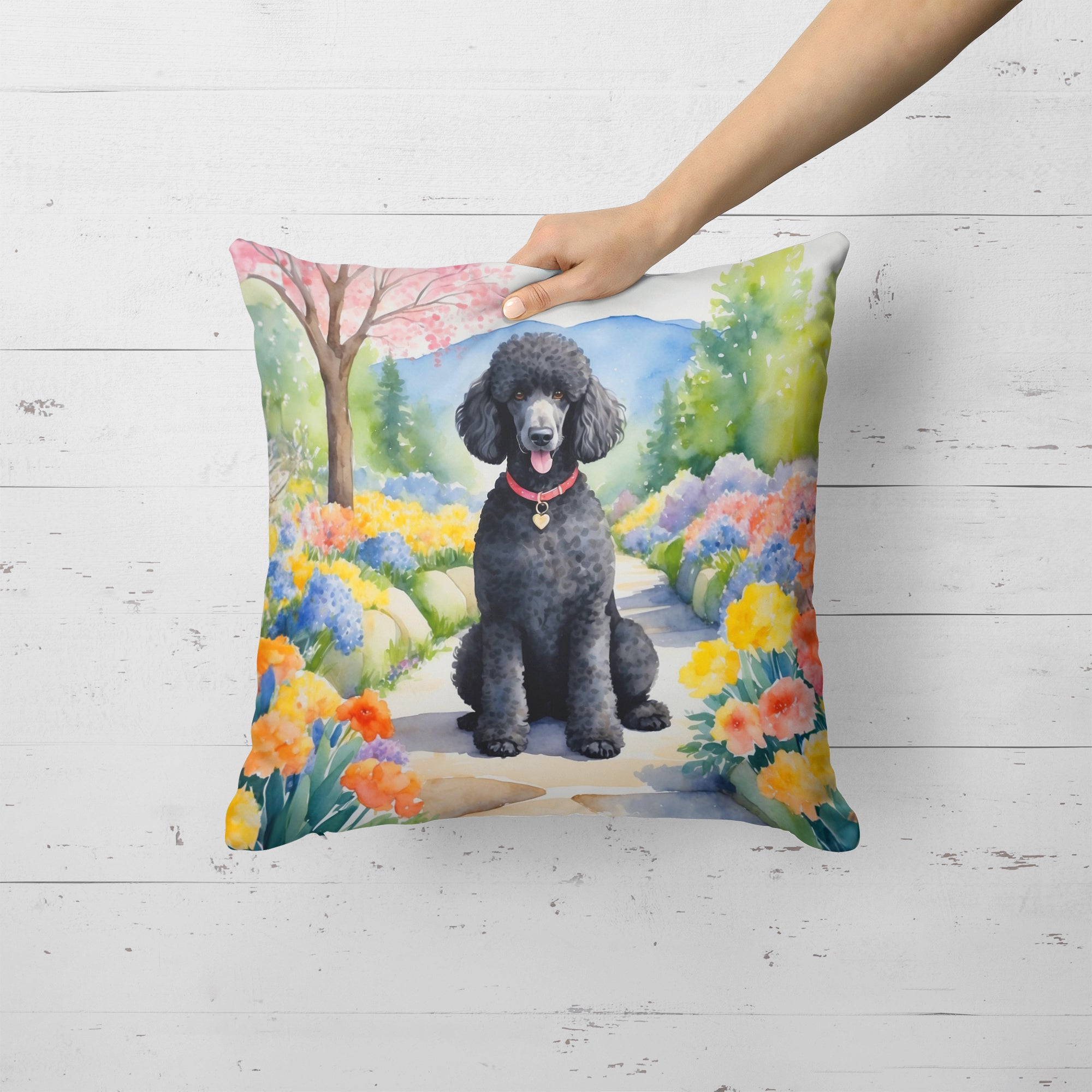 Buy this Black Poodle Spring Path Throw Pillow