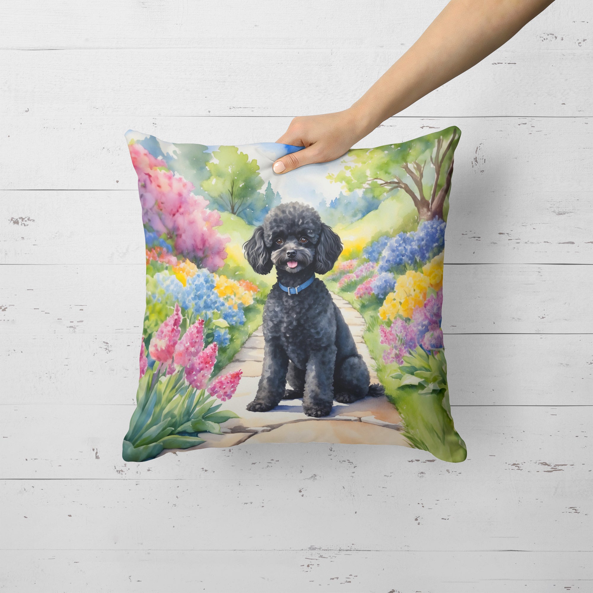 Buy this Black Poodle Spring Path Throw Pillow