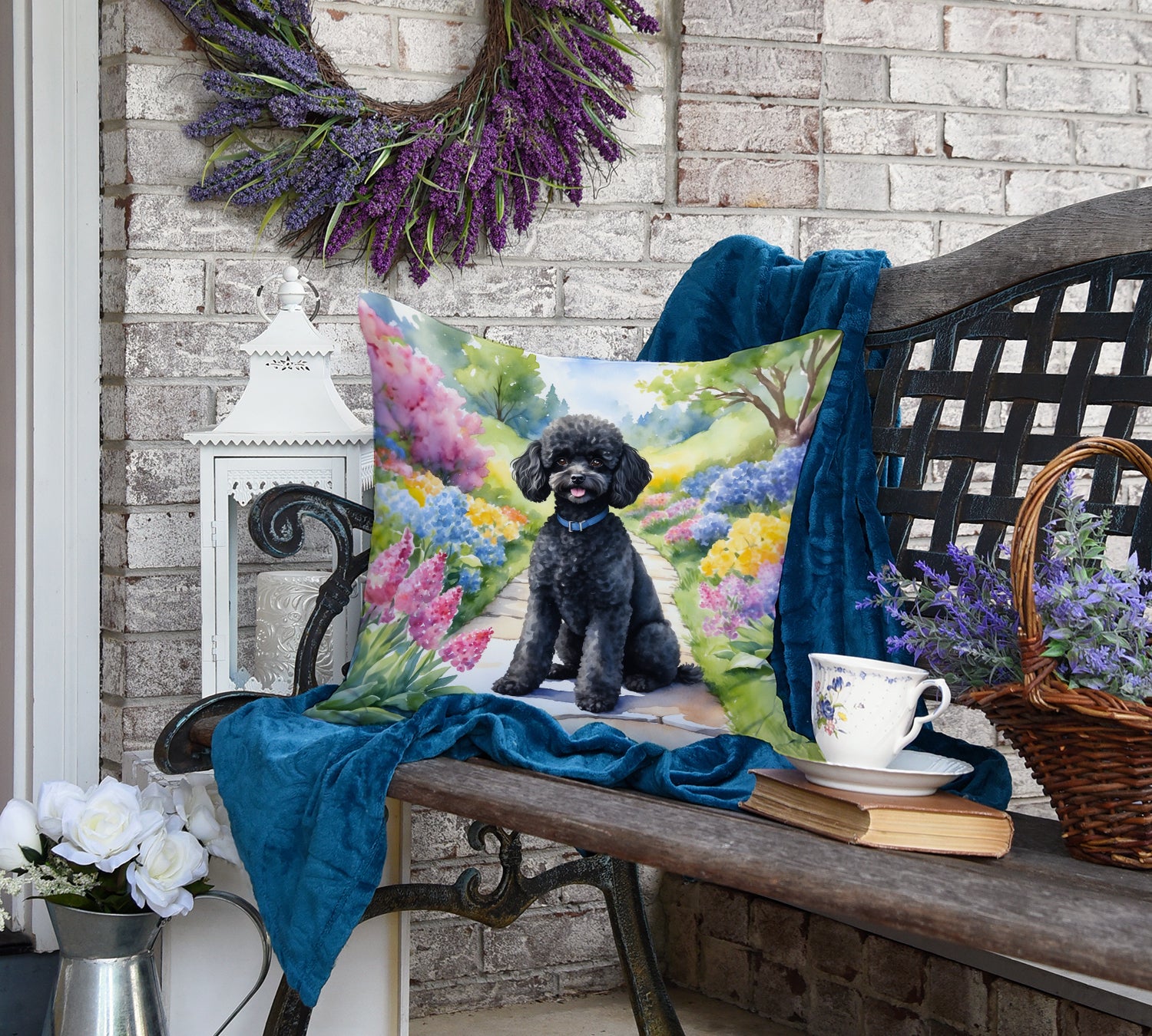 Black Poodle Spring Path Throw Pillow