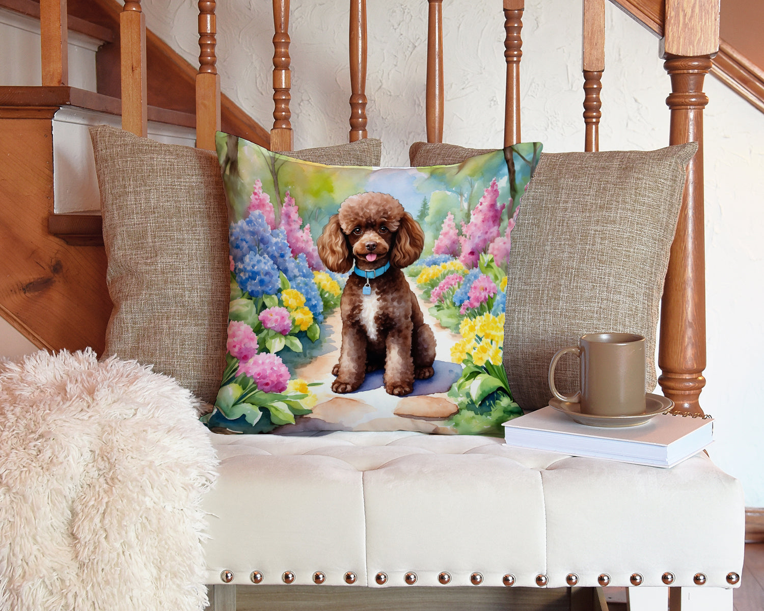 Chocolate Poodle Spring Path Throw Pillow