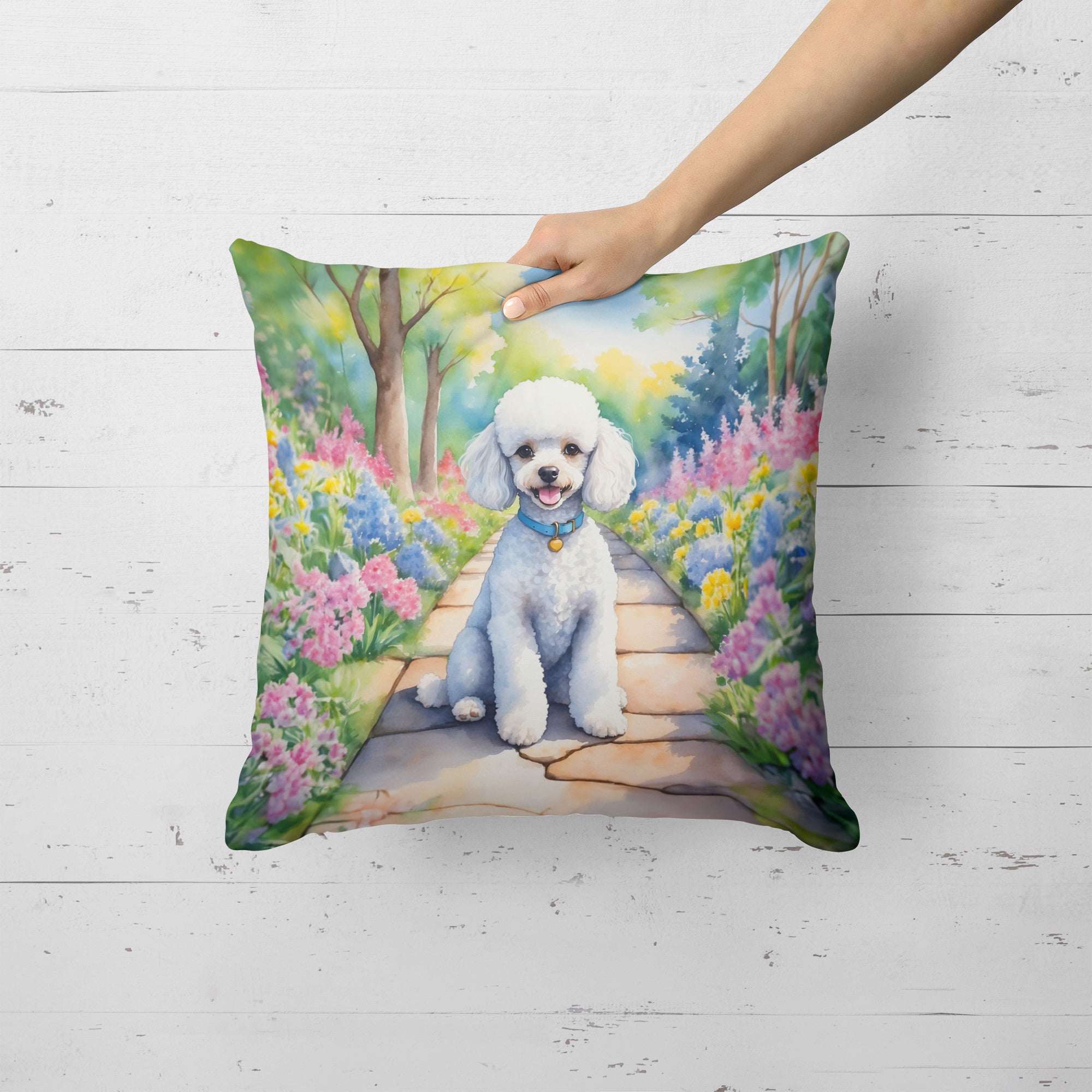 White Poodle Spring Path Throw Pillow