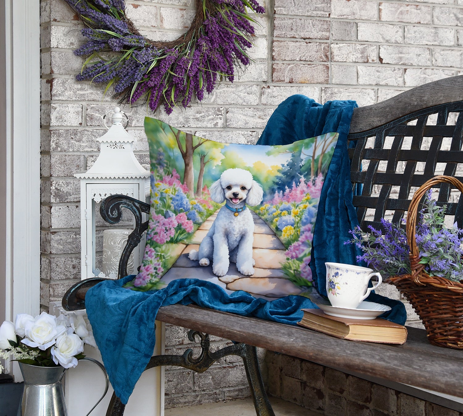 White Poodle Spring Path Throw Pillow