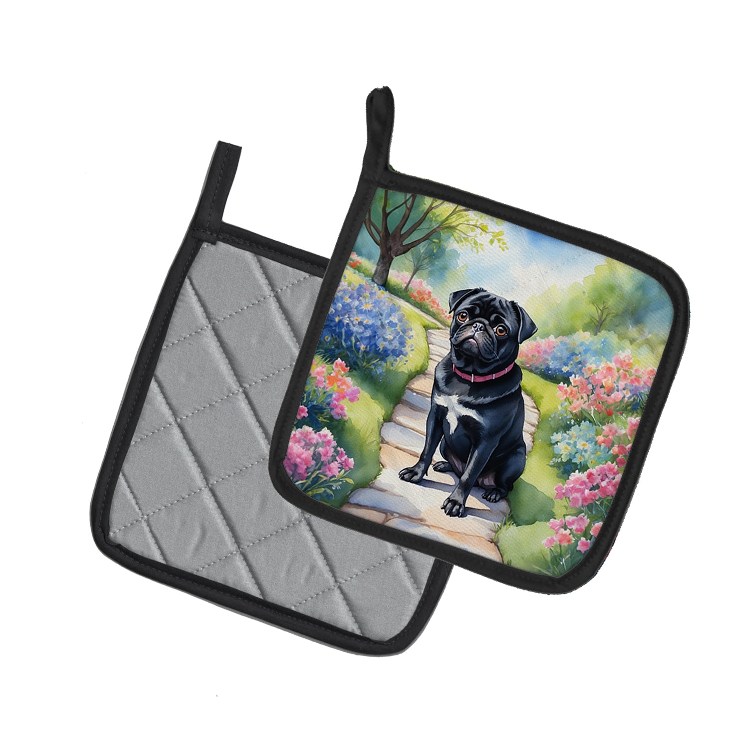 Black Pug Spring Path Pair of Pot Holders