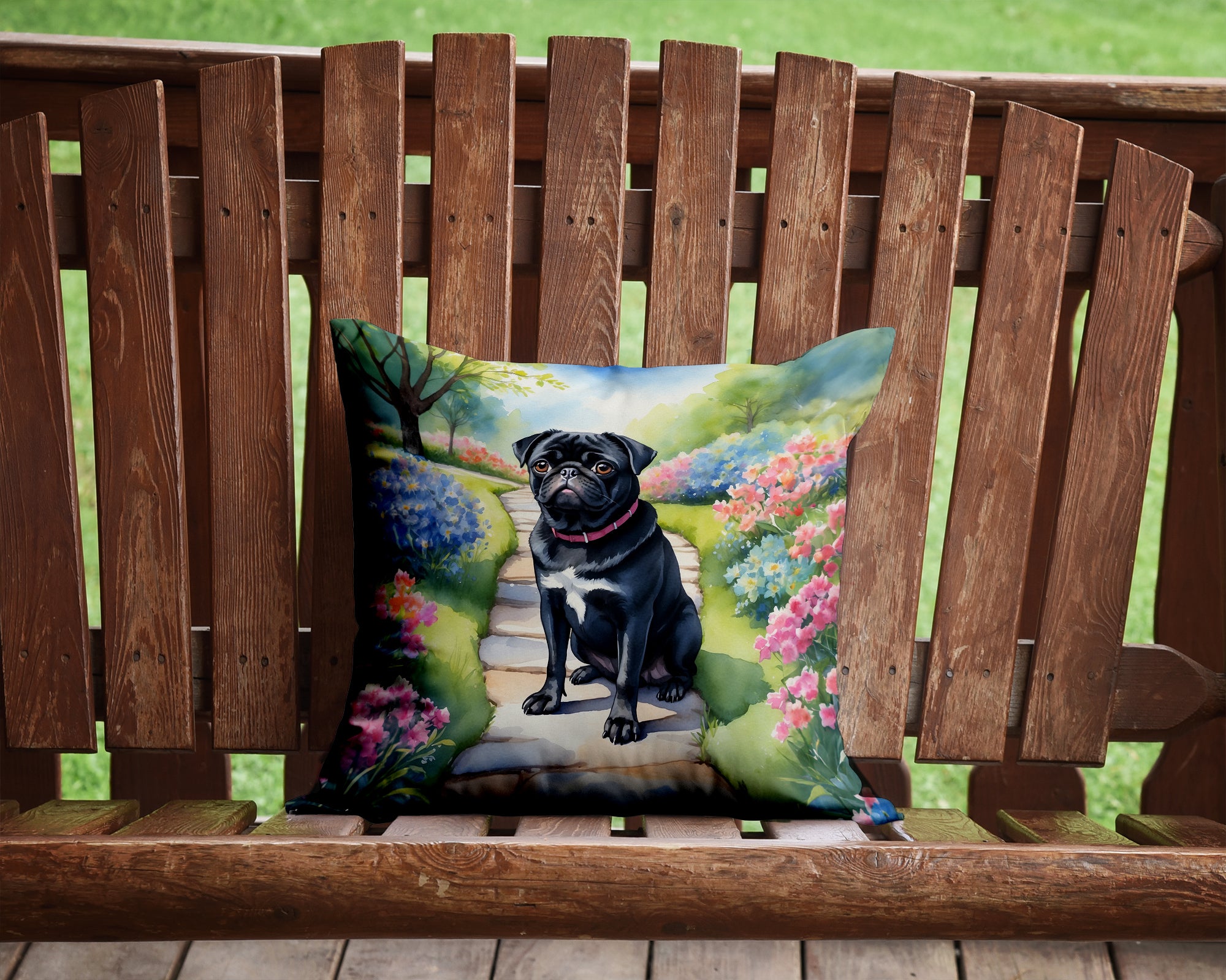 Black Pug Spring Path Throw Pillow