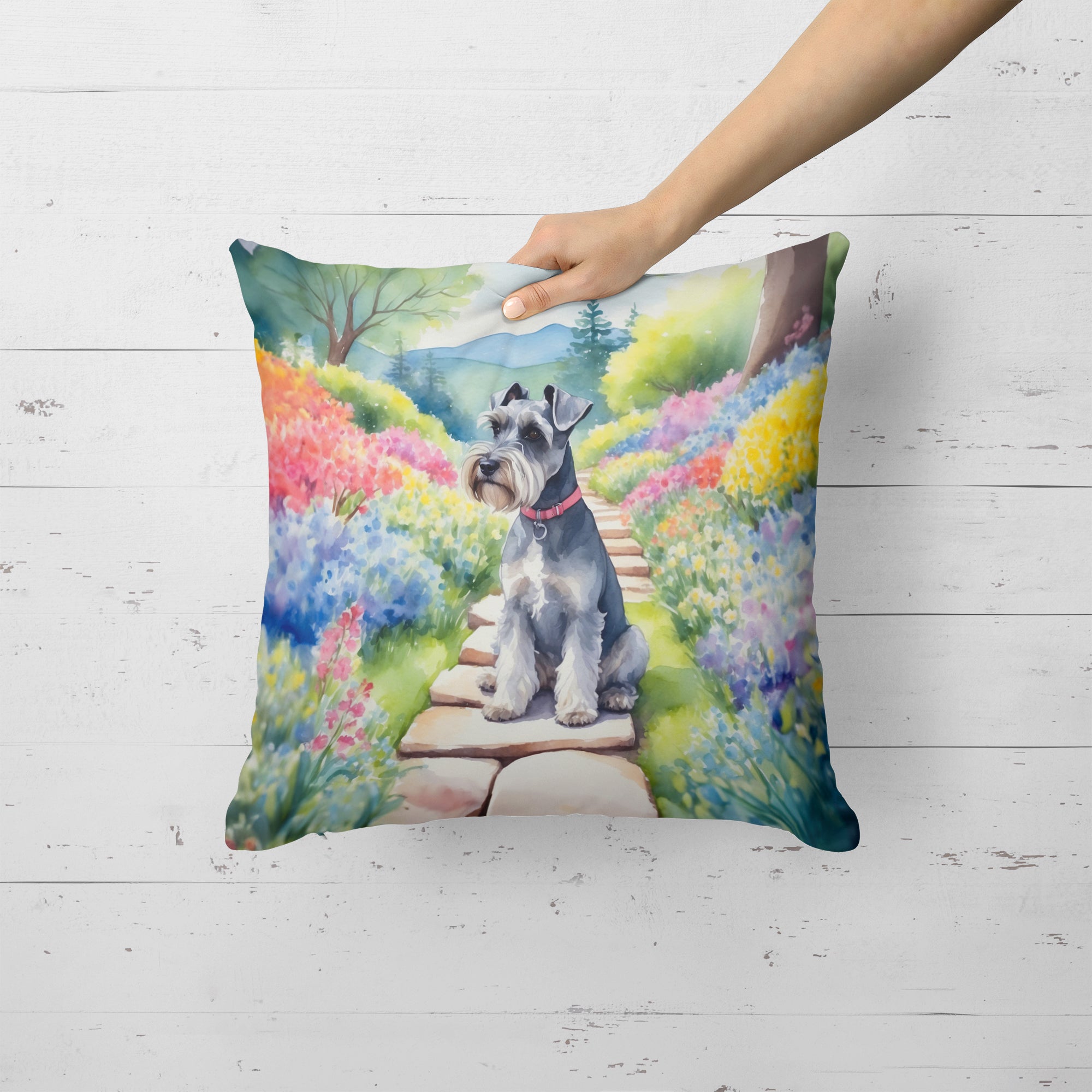 Buy this Schnauzer Spring Path Throw Pillow