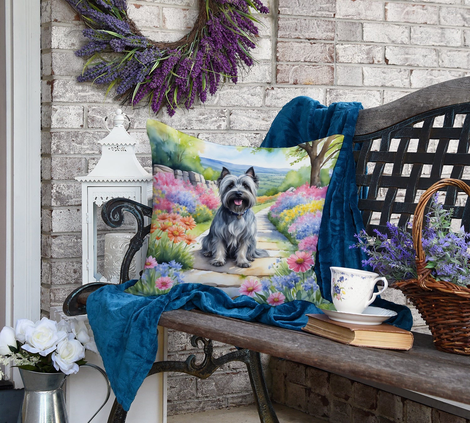 Skye Terrier Spring Path Throw Pillow