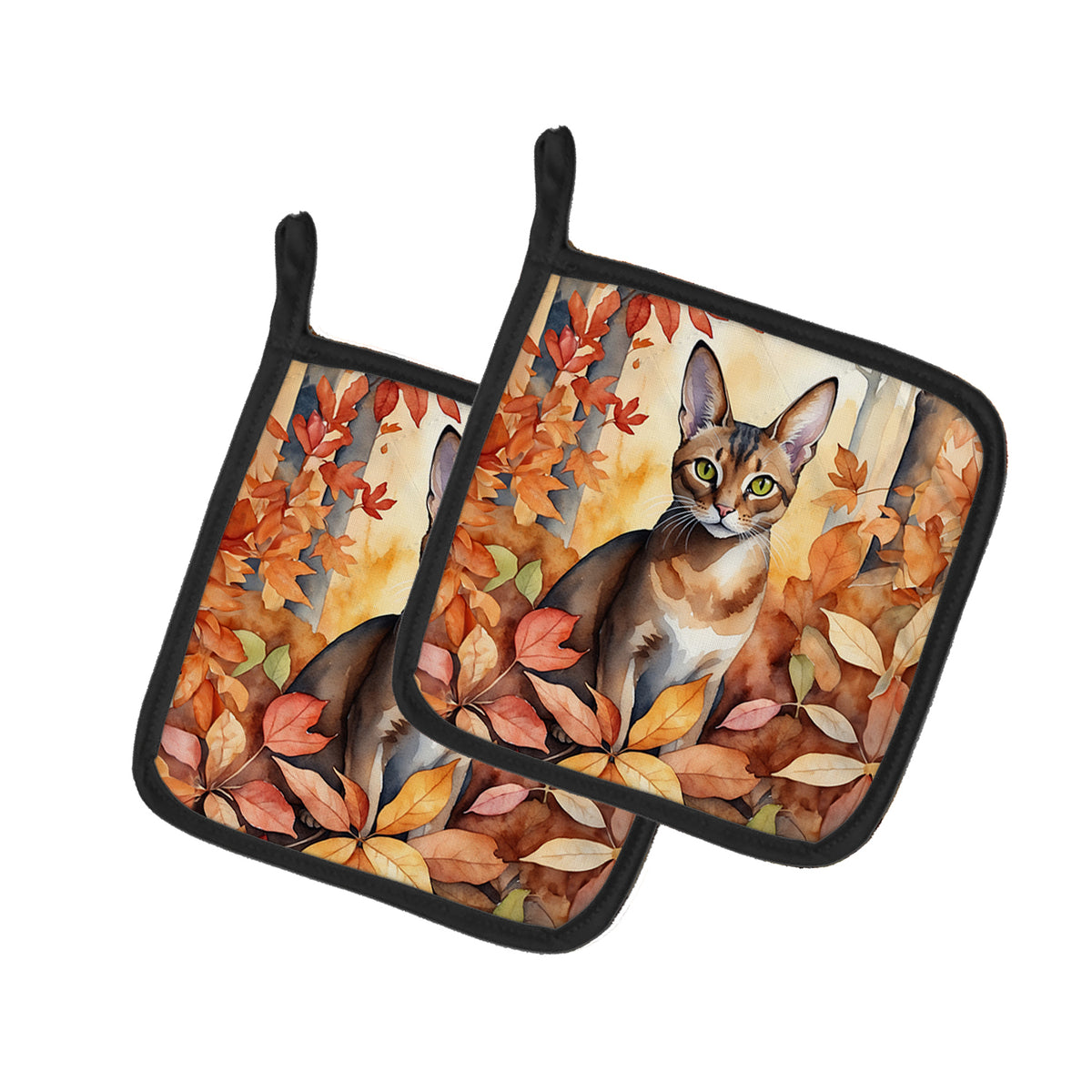 Buy this Abyssinian Cat in Fall Leaves Pair of Pot Holders