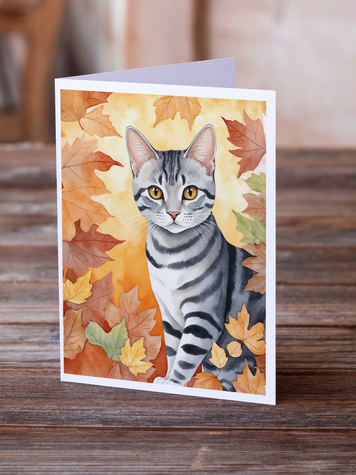 Buy this American Shorthair Cat in Fall Leaves Greeting Cards Pack of 8