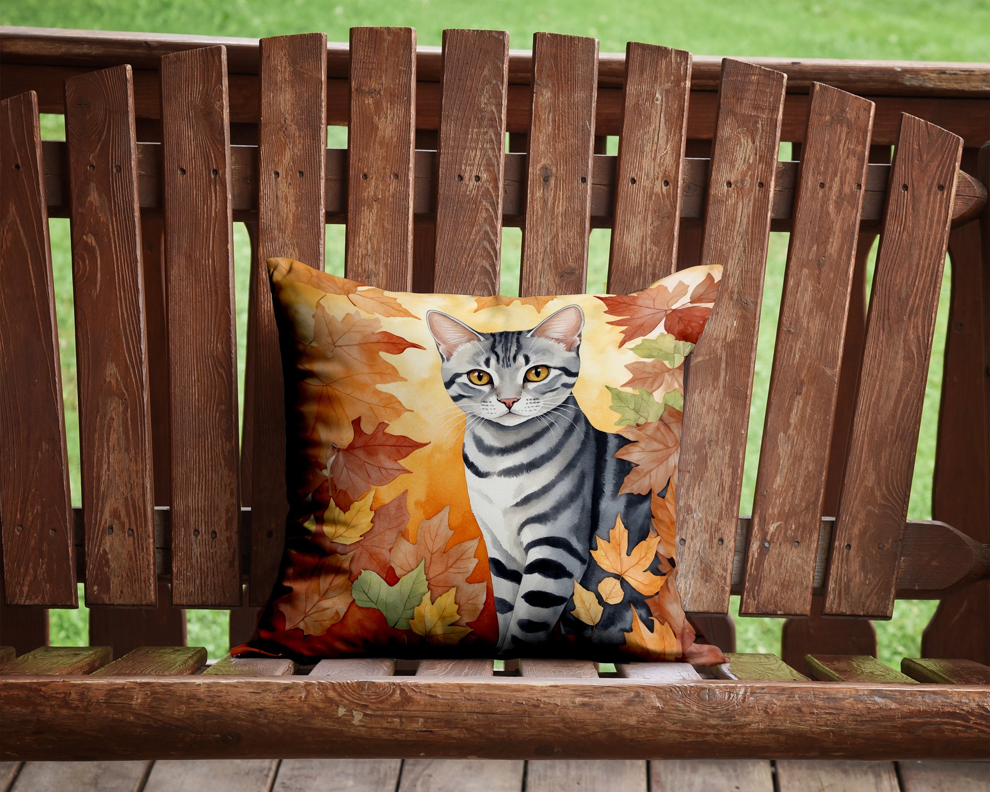 American Shorthair Cat in Fall Leaves Throw Pillow