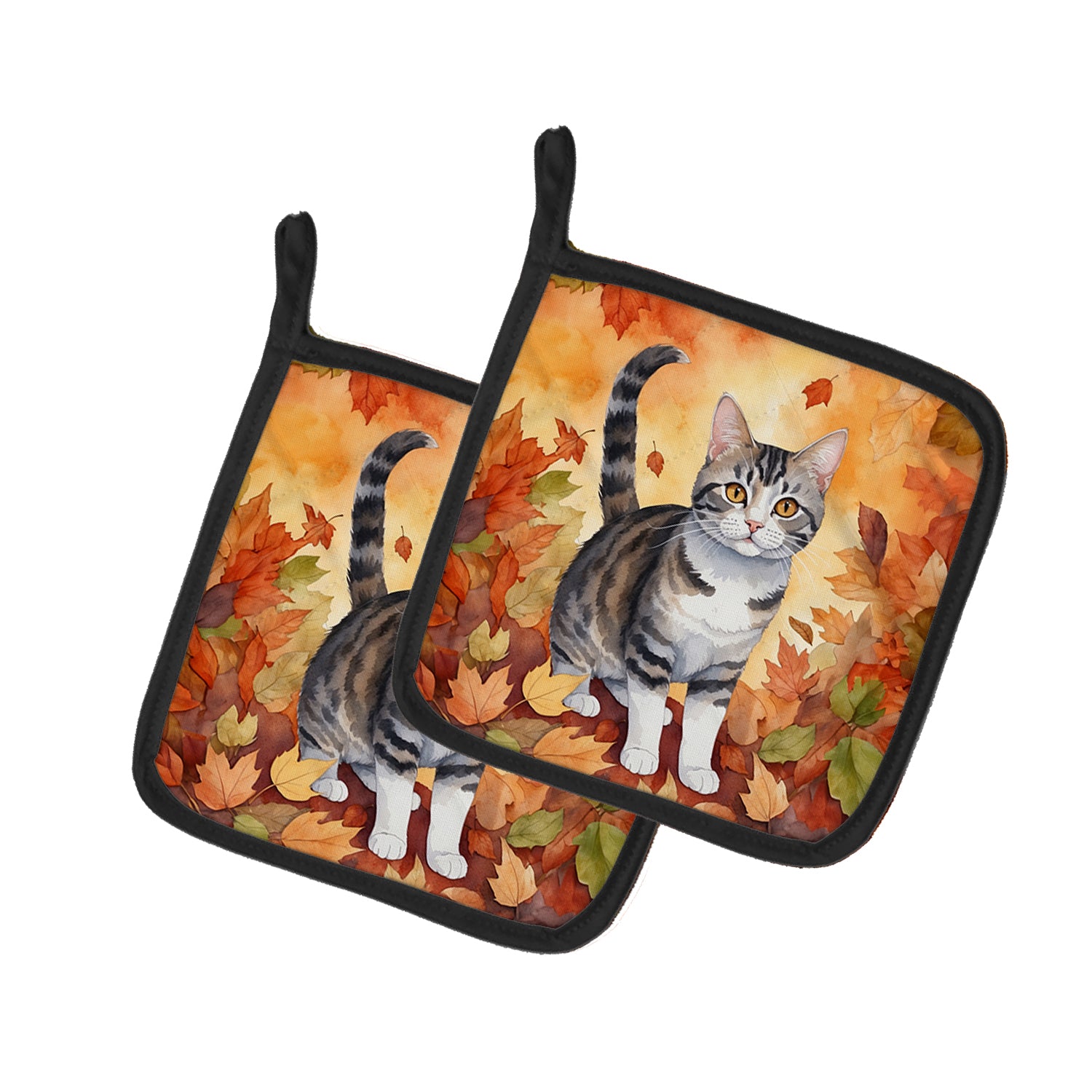 Buy this American Wirehair Cat in Fall Leaves Pair of Pot Holders