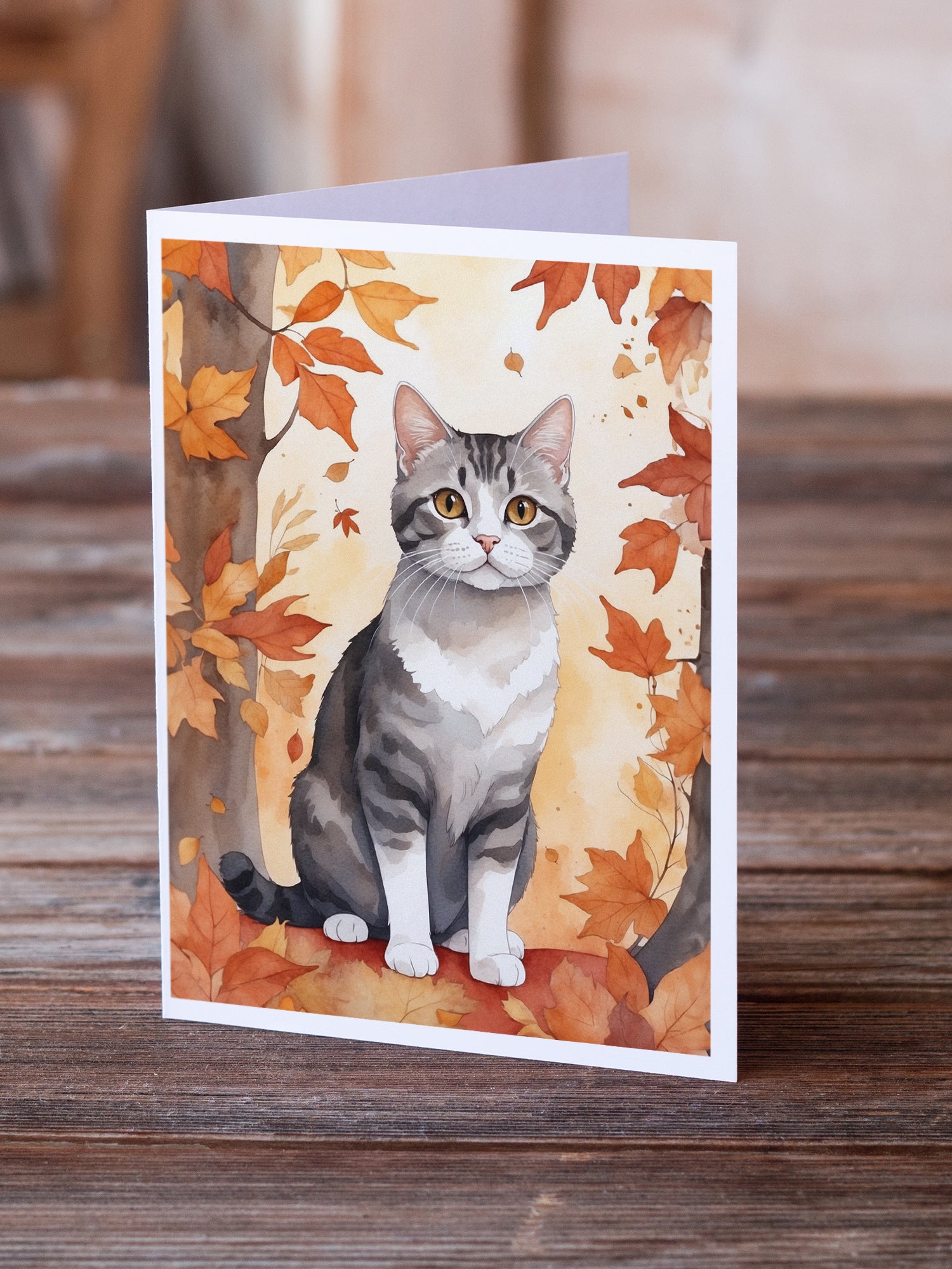 Buy this American Wirehair Cat in Fall Leaves Greeting Cards Pack of 8