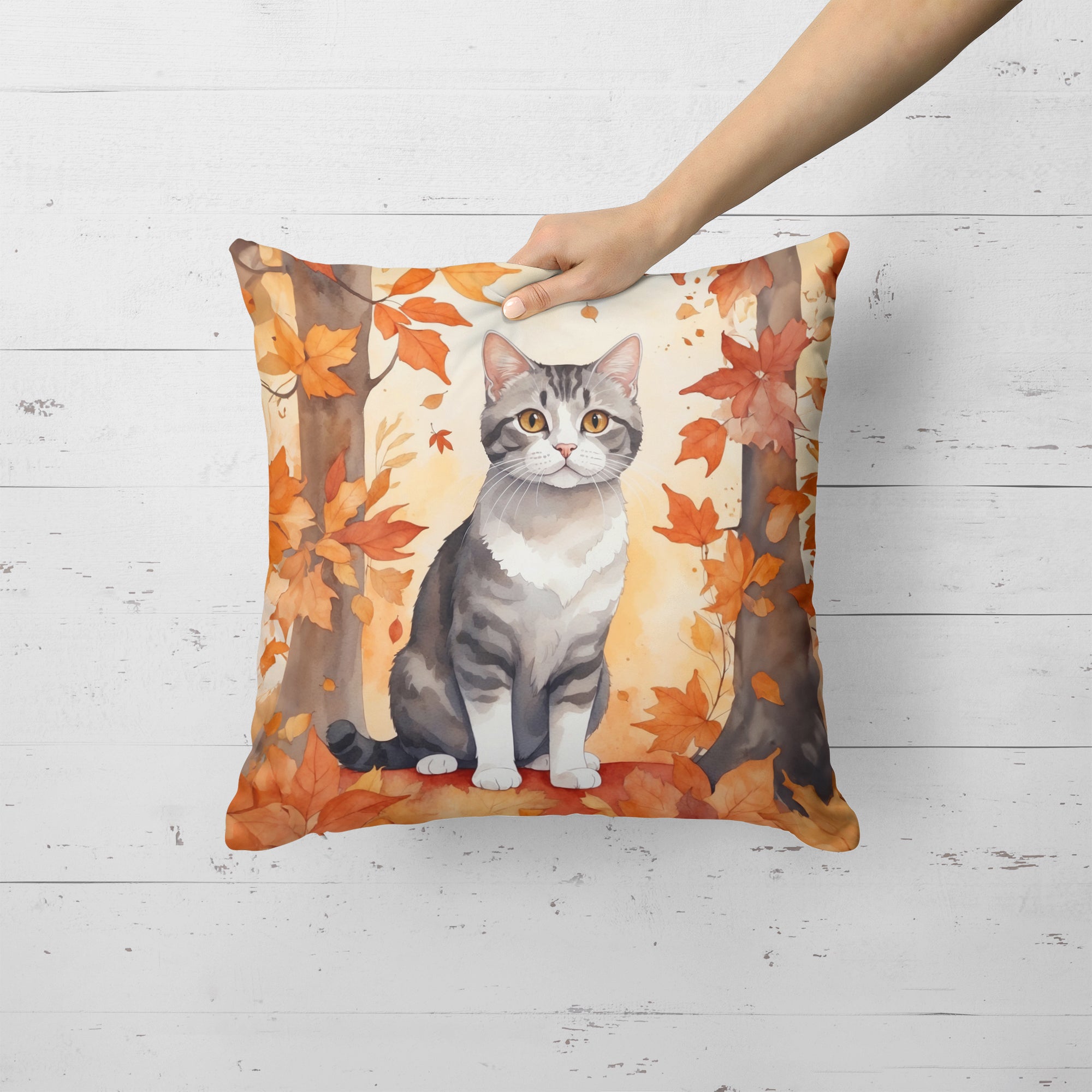 Buy this American Wirehair Cat in Fall Leaves Throw Pillow