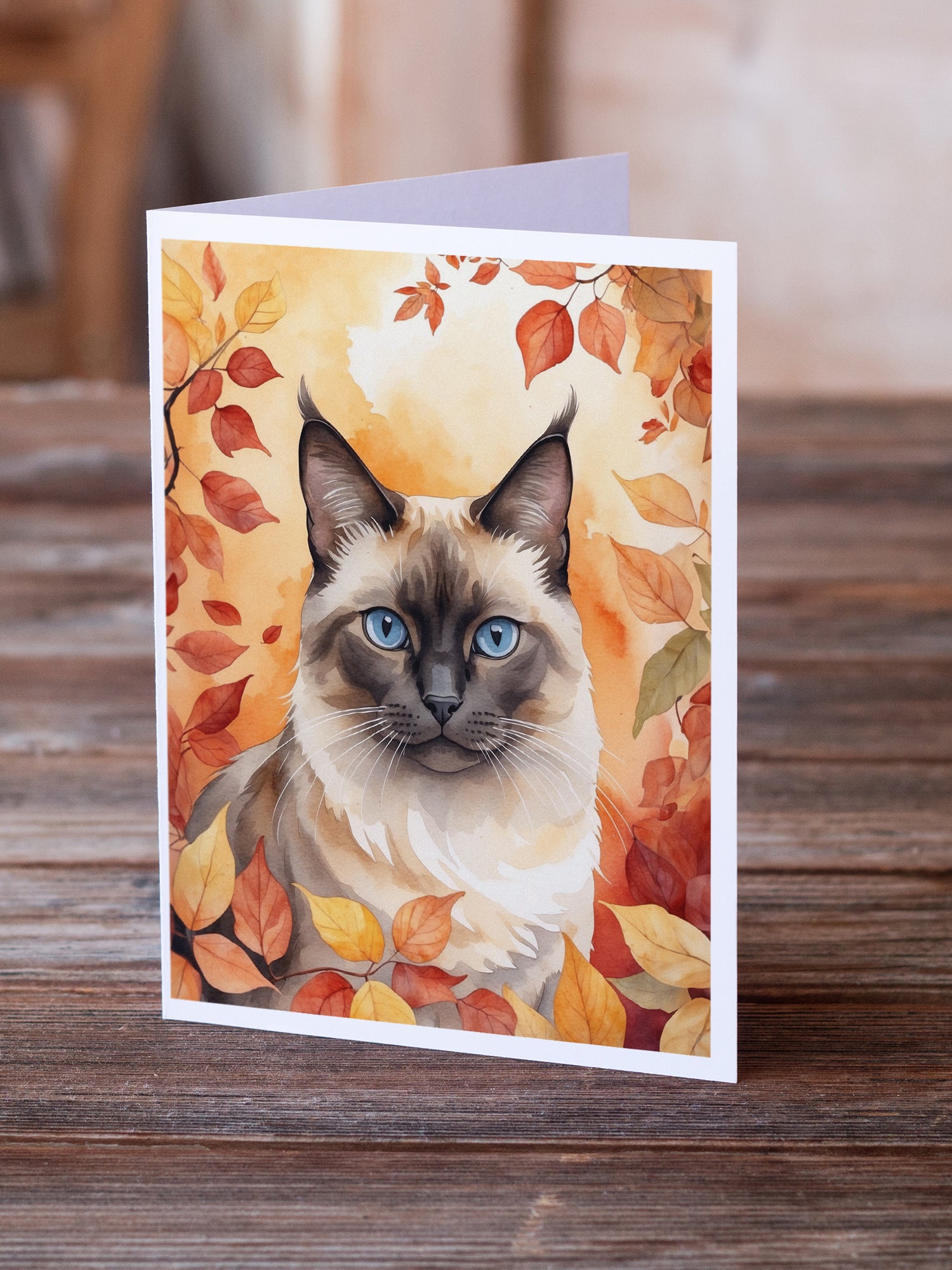 Buy this Birman Cat in Fall Leaves Greeting Cards Pack of 8