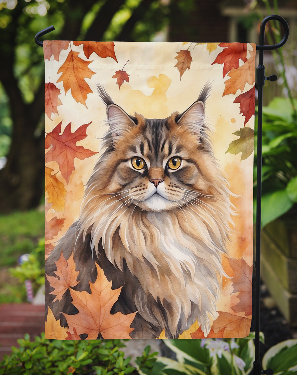 British Longhair Cat in Fall Leaves Garden Flag