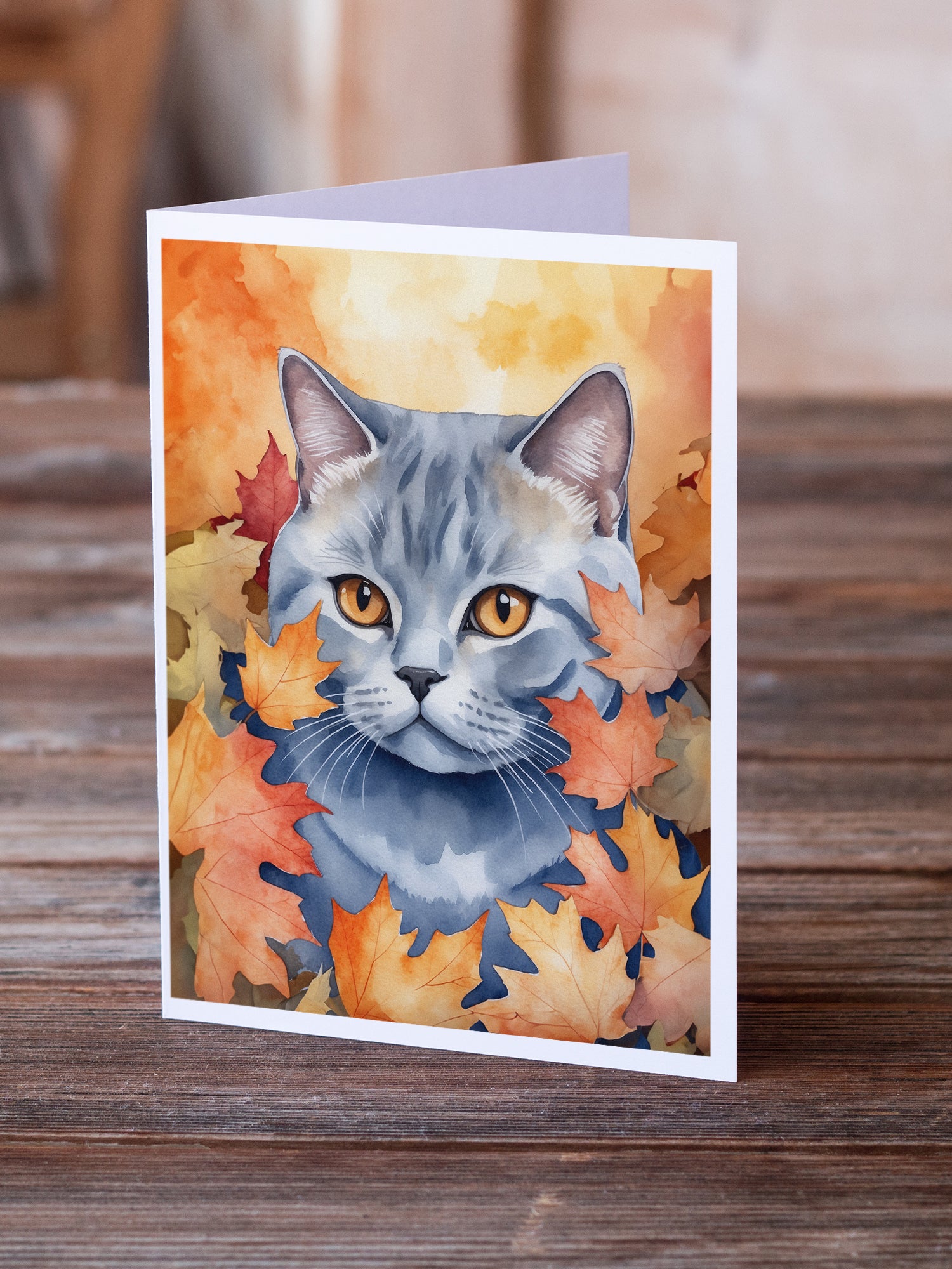 British Shorthair Cat in Fall Leaves Greeting Cards Pack of 8