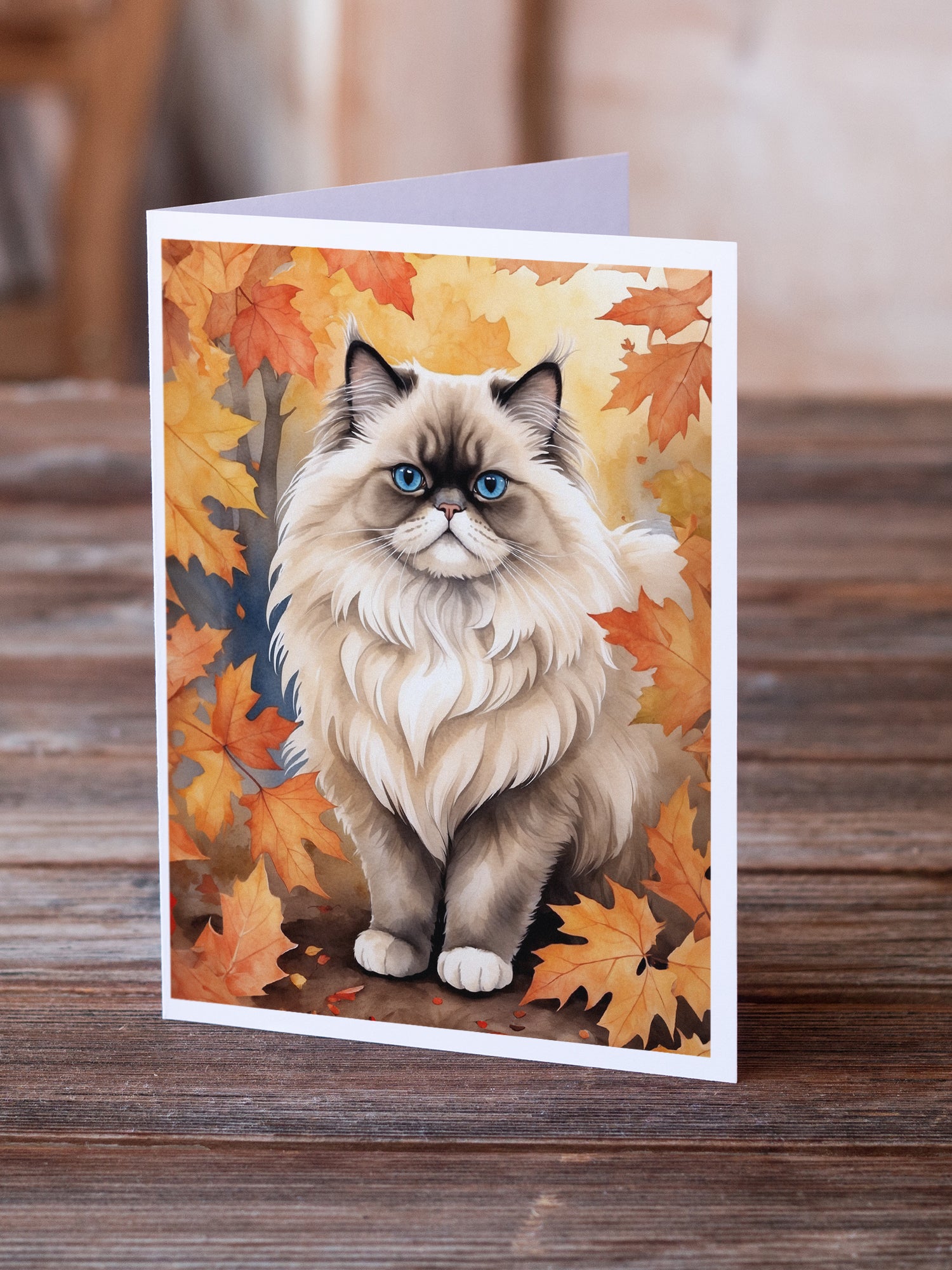 Buy this Colorpoint Longhair Cat in Fall Leaves Greeting Cards Pack of 8