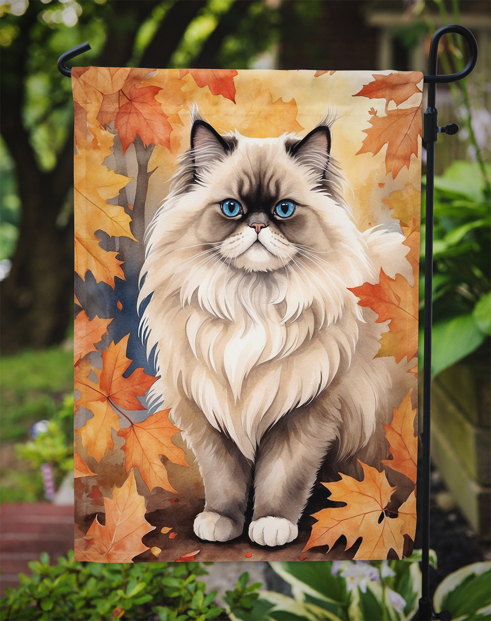 Colorpoint Longhair Cat in Fall Leaves Garden Flag