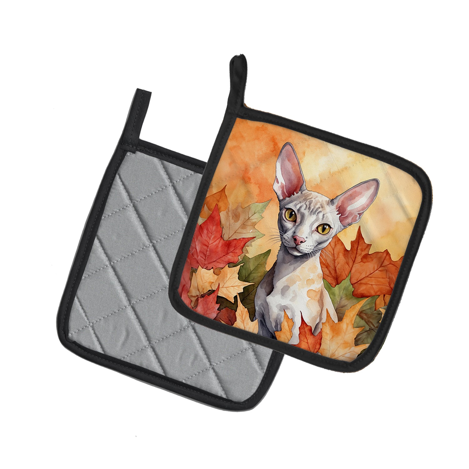 Cornish Rex Cat in Fall Leaves Pair of Pot Holders