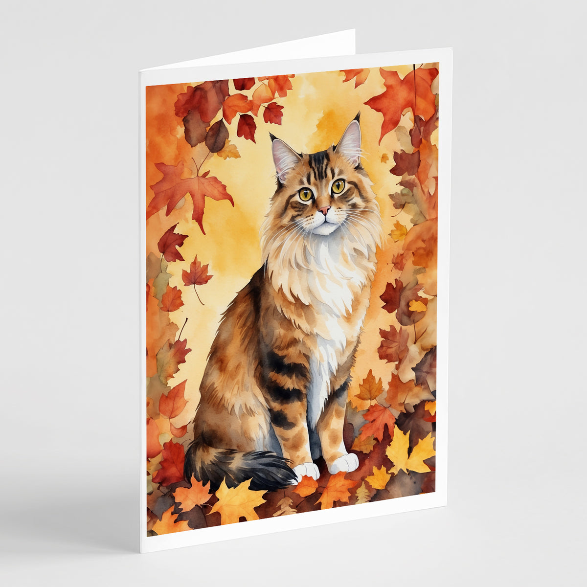 Buy this Cymric Cat in Fall Leaves Greeting Cards Pack of 8