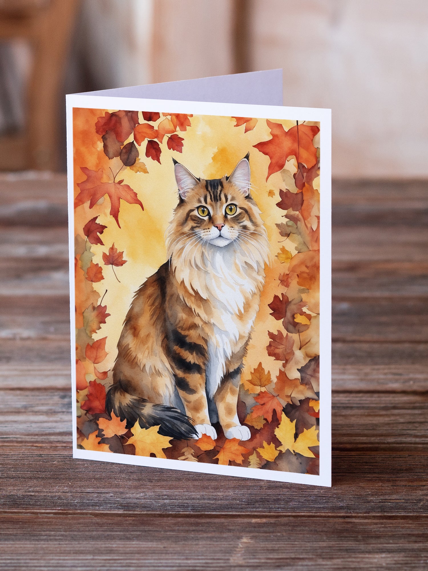 Buy this Cymric Cat in Fall Leaves Greeting Cards Pack of 8