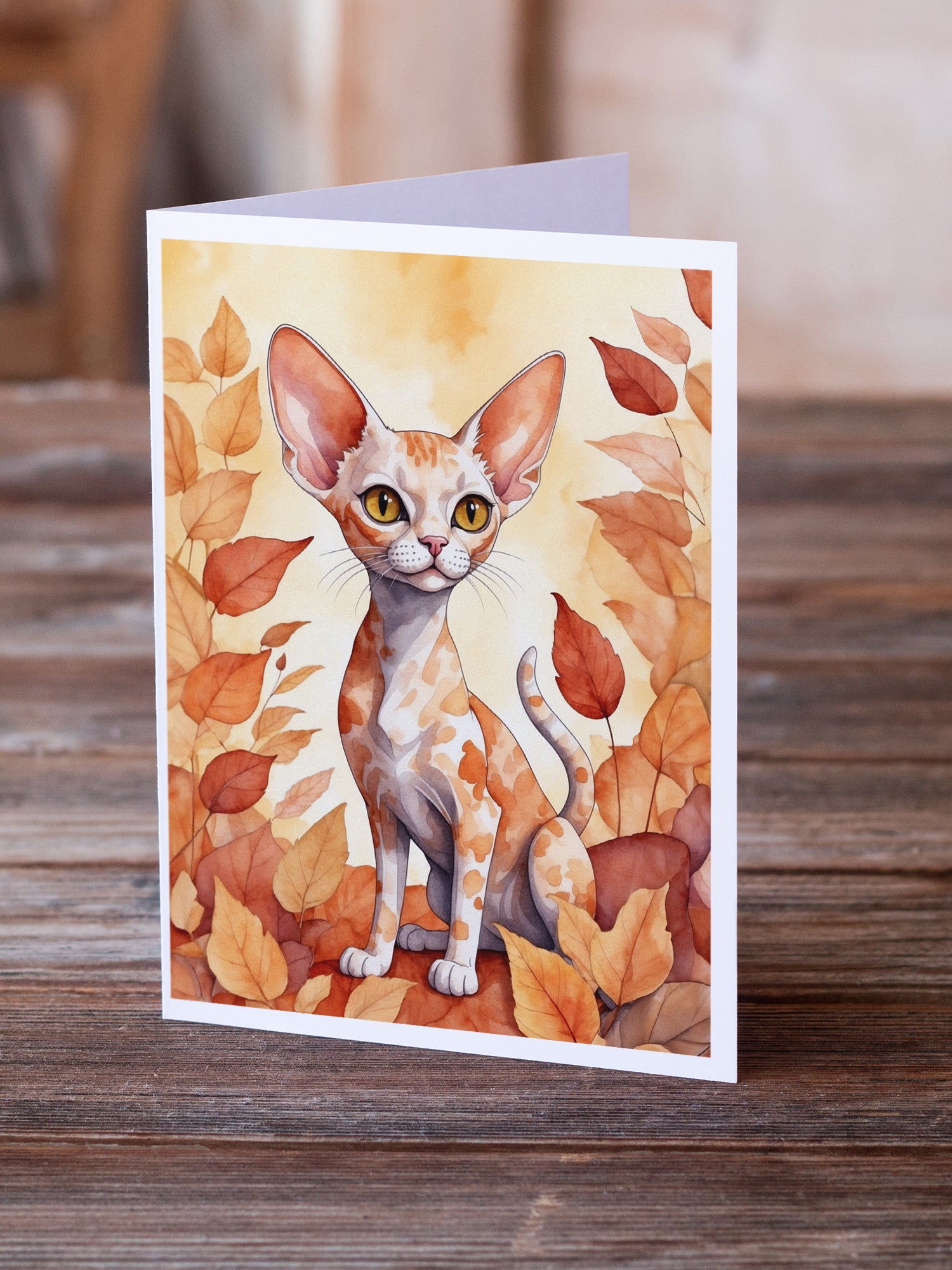 Buy this Devon Rex Cat in Fall Leaves Greeting Cards Pack of 8